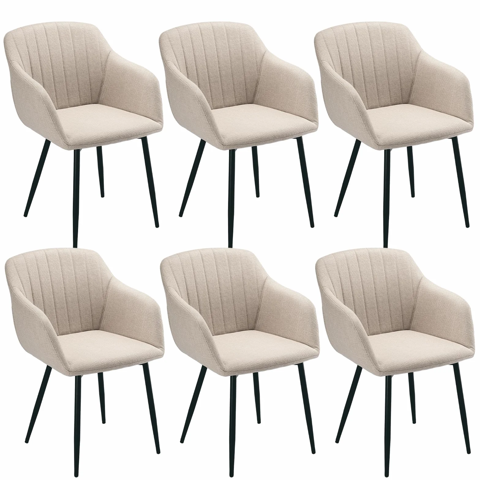 Lot de 6 Chaises Salle à Manger Beige avec Accoudoirs, Fauteuil Rembourré en Lin Pieds Métal