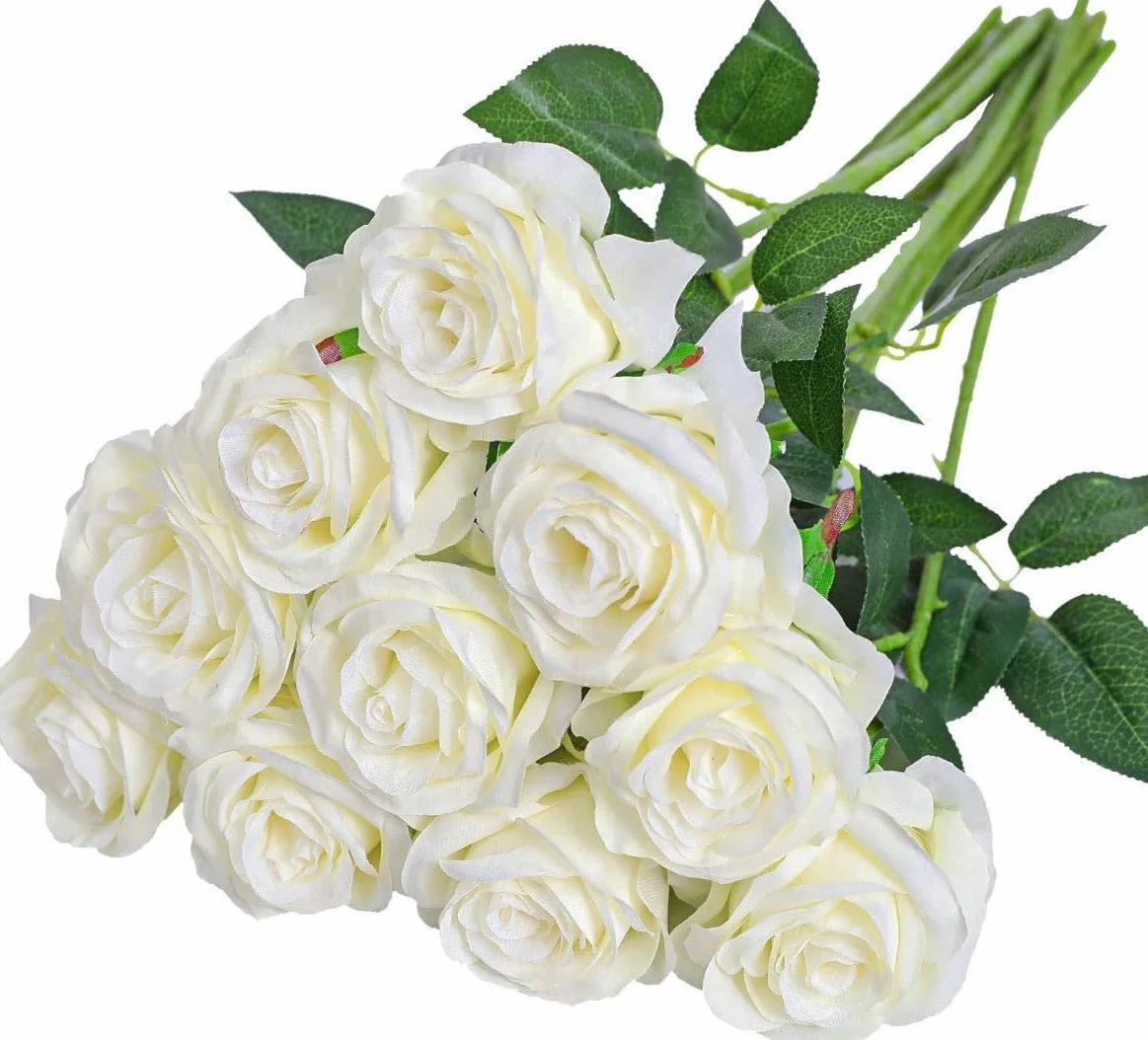 12 Pièces Fleurs Artificielles Réalistes Rose Deco Mariage 51x7 cm Tiges Réglables Blanc