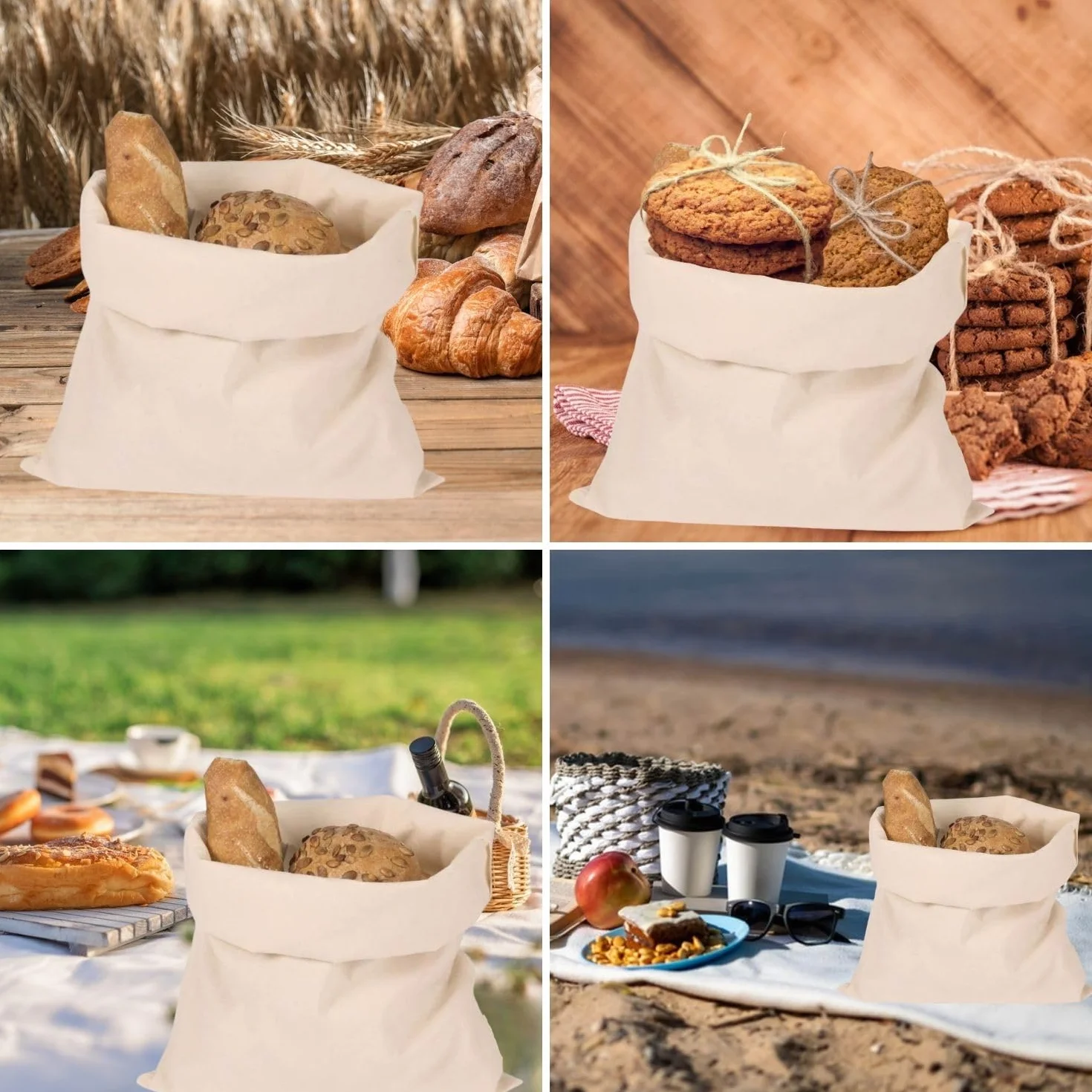 Lot de 4 sacs à pain en lin 30 x 40 cm avec cordon de serrage réutilisables
