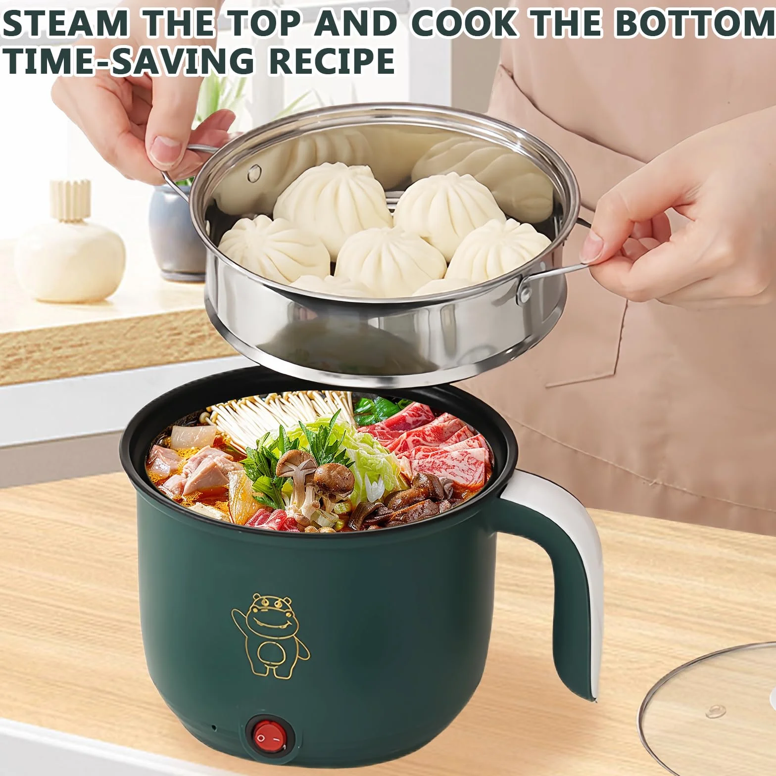 Casserole électrique 1,8 L antiadhésif, Mini fondue électrique, Multicuiseur portable avec cuiseur vapeur