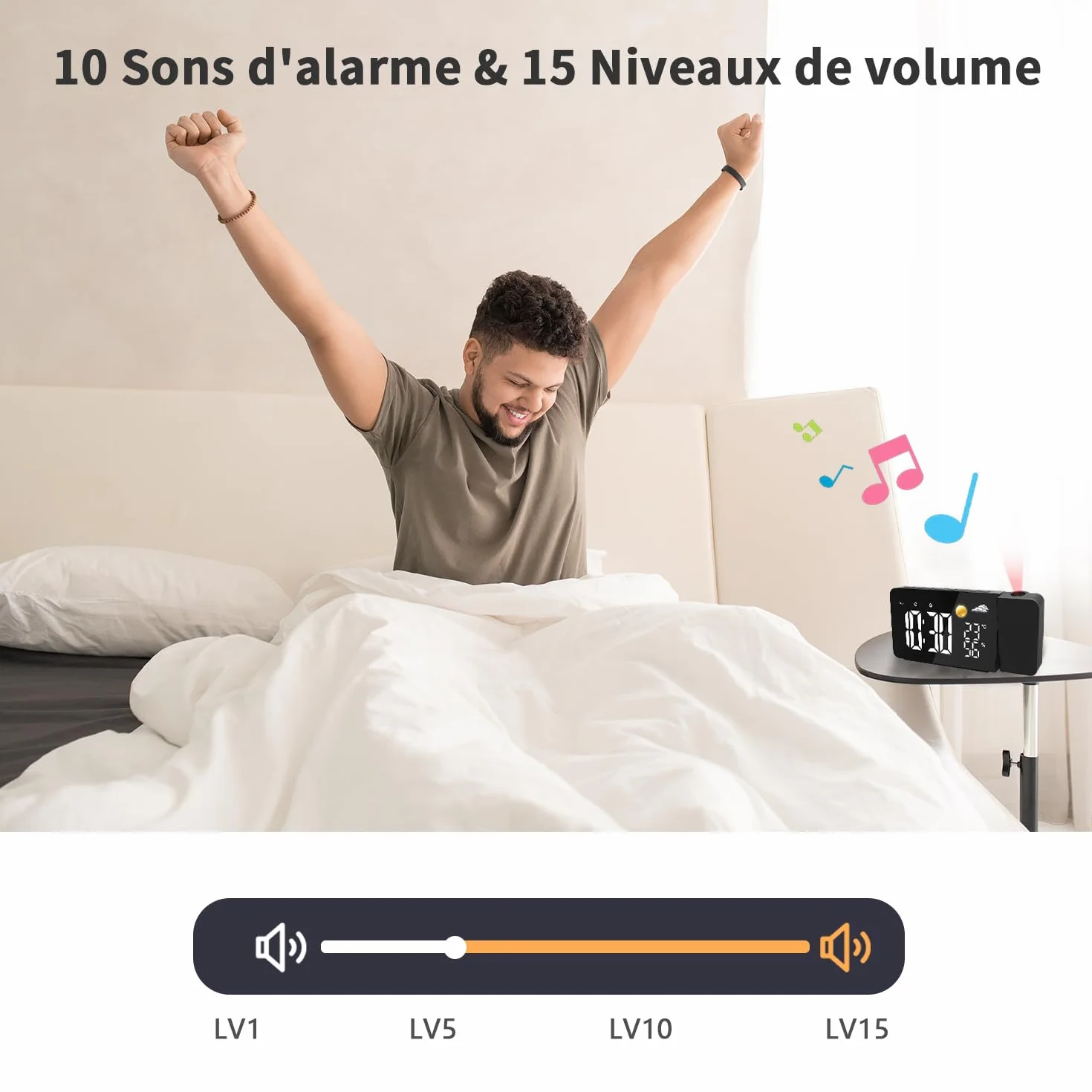 Uzoli EM3211A Réveil-projecteur Plafond LED avec Prévisions Météo 8h, Température et Humidité, 2 Alarmes, Snooze, Projection Rotative 180°, 10 Sonneries