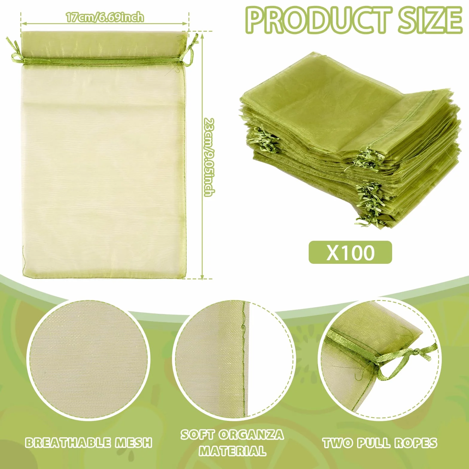 Sacs de protection pour fruits 23 x 17 cm filet raisin cordon serrage maille fine respirante
