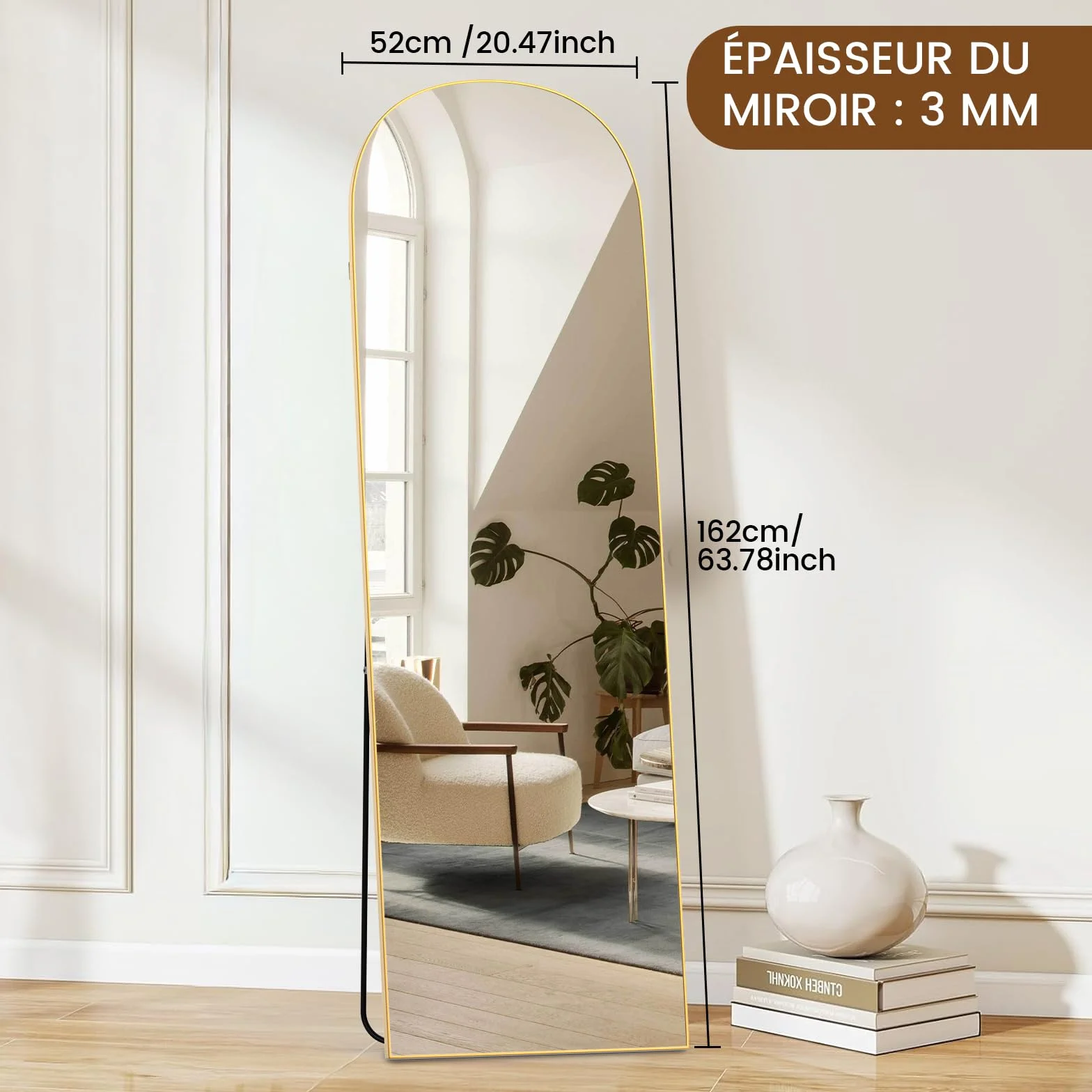 Miroir sur Pied Arqué 162x52cm, Grand Miroir Mural Pleine Longueur, Arc Doré