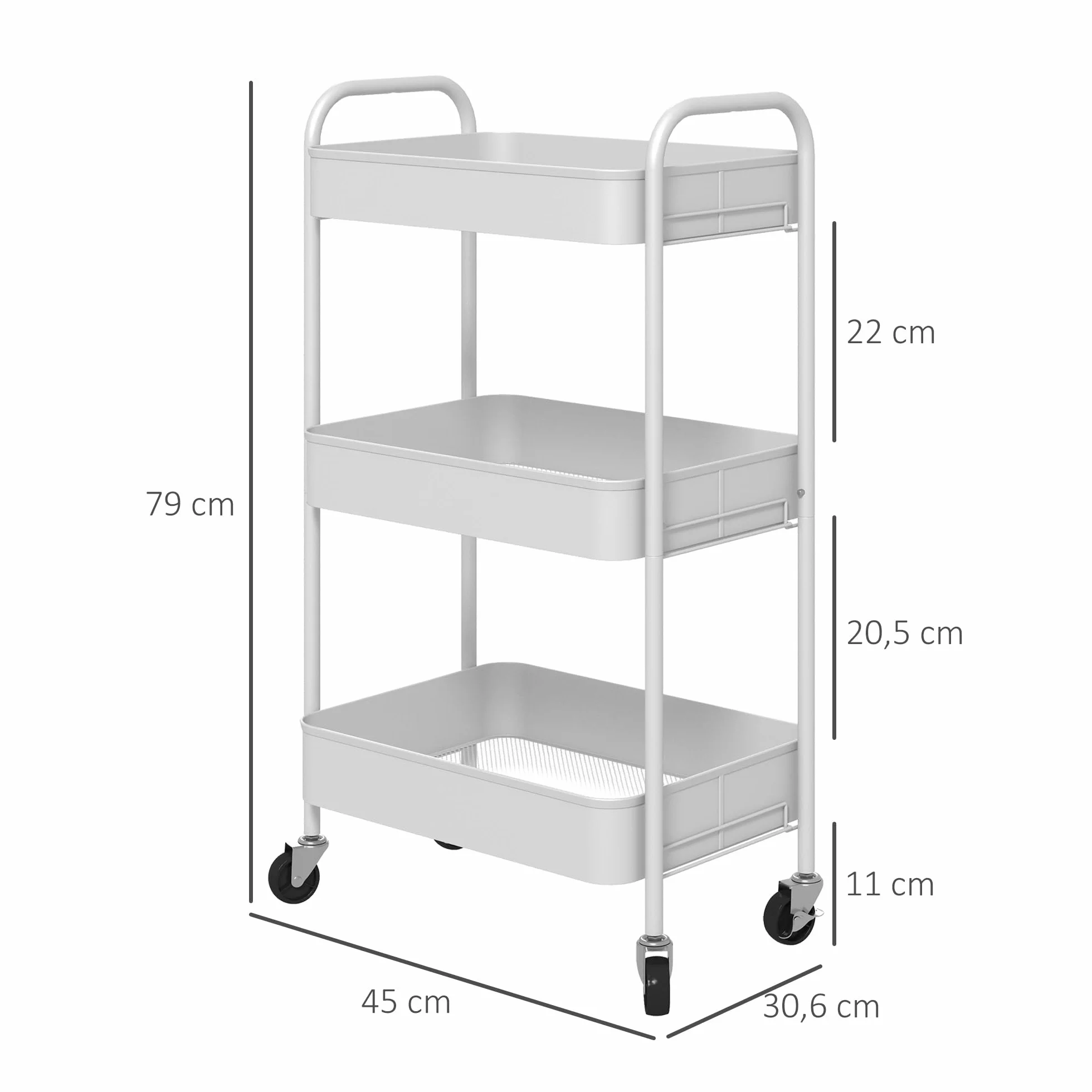 HOMCOM Chariot de Rangement en Acier 3 Niveaux Plateaux ajourés 45 x 30,6 x 79 cm Blanc