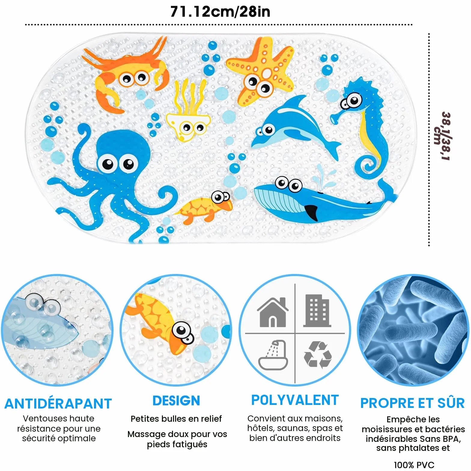 Tapis de Bain Bande Dessinée Antidérapant avec Ventouse 71x38cm Pieuvre