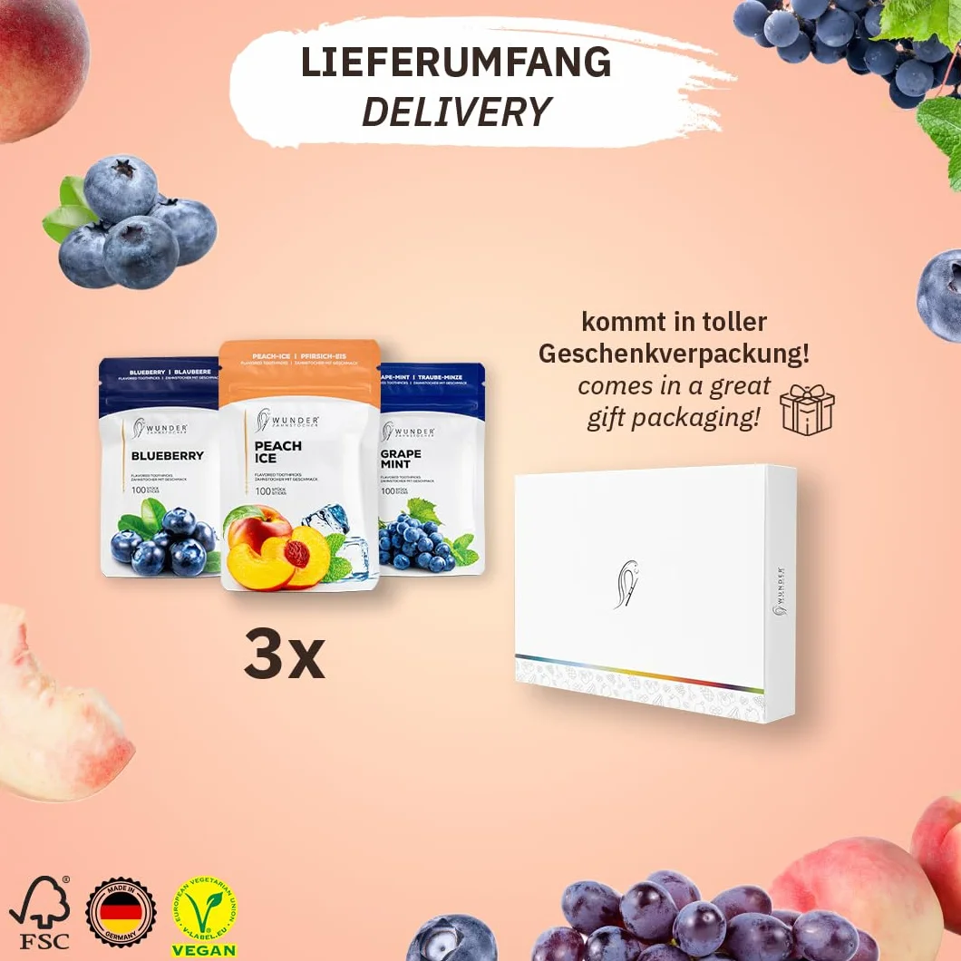 Wunder Cure Cure-dents Aromatisés Bois de Bouleau Fruit Crush Pack 3x100 Recharges Sans Sucre