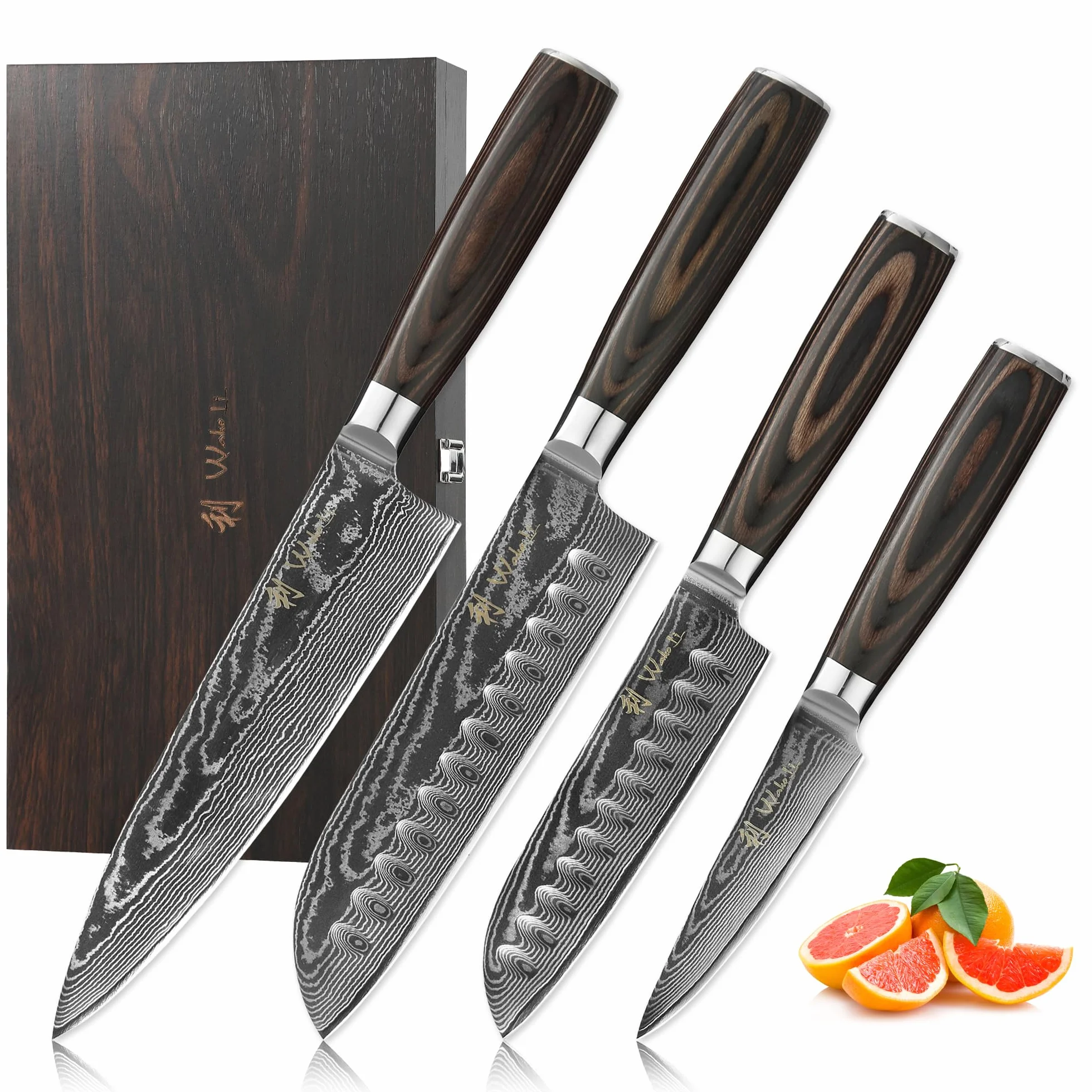 Wakoli EDIB Essentials Set de 4 couteaux en Damas acier damassé 67 couches noyau VG10 manches bois pakka cuisine professionnels
