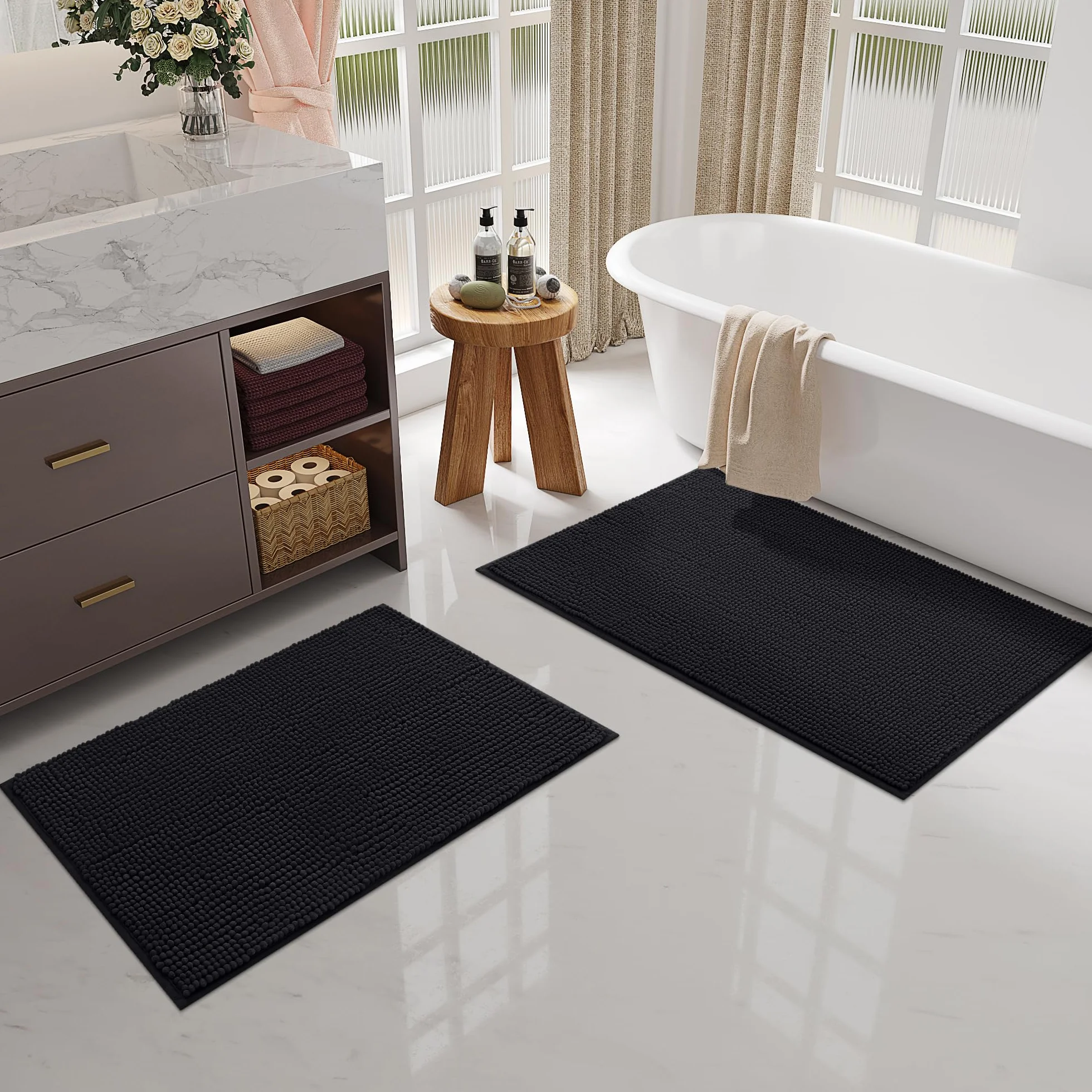 OLANLY Tapis de bain en chenille antidérapant 60 x 120 cm noir