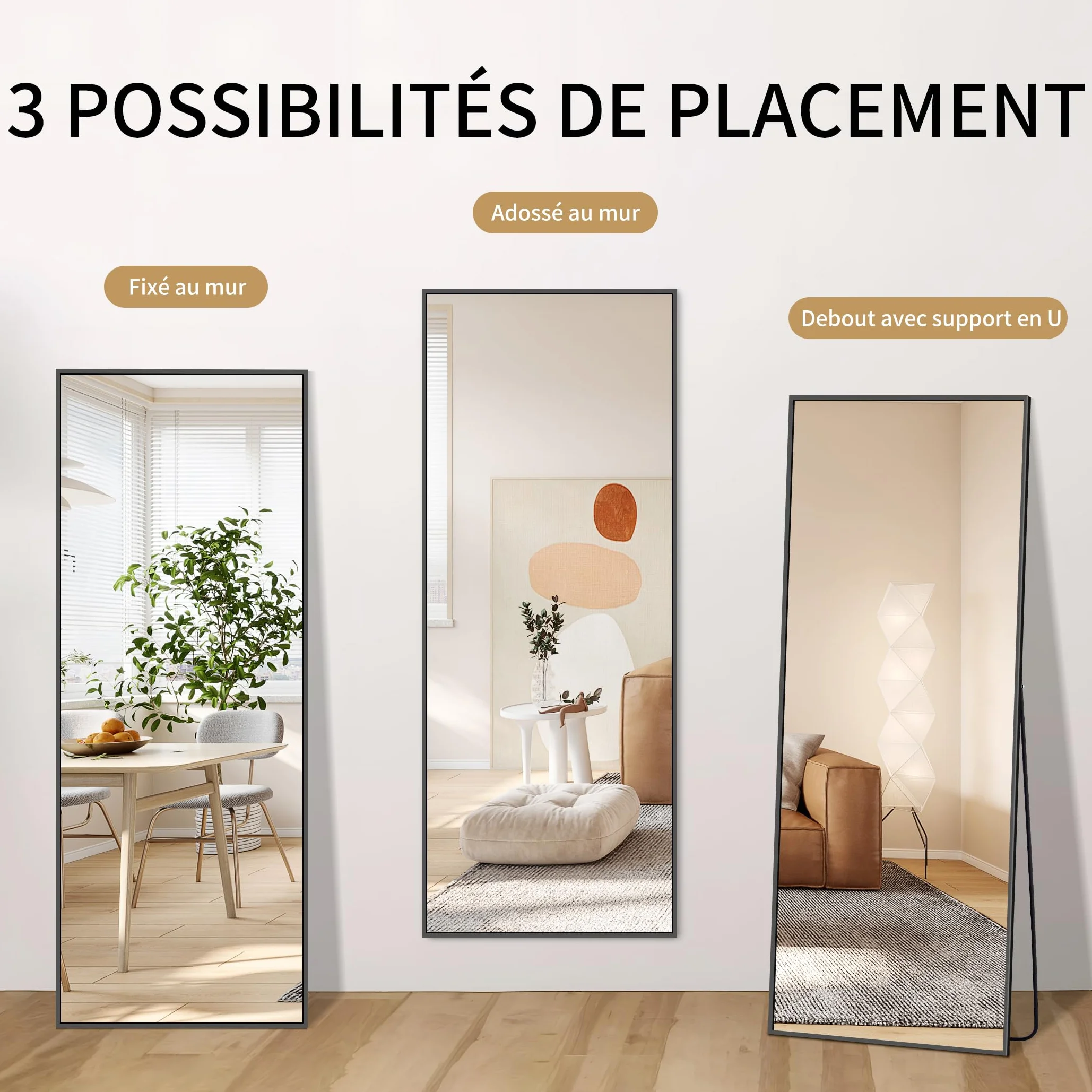 Miroir Intégral 44 x 147 cm Rectangulaire Grand Miroir Mural Cadre Noir