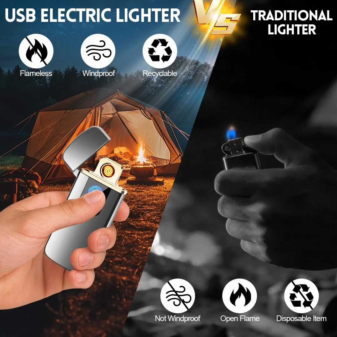 LOMUG Briquet Electrique Rechargeable USB Double Arc Coupe-Vent Indicateur de Puissance Contrôle Tactile pour Bougie Barbecue Camping Cadeau Homme