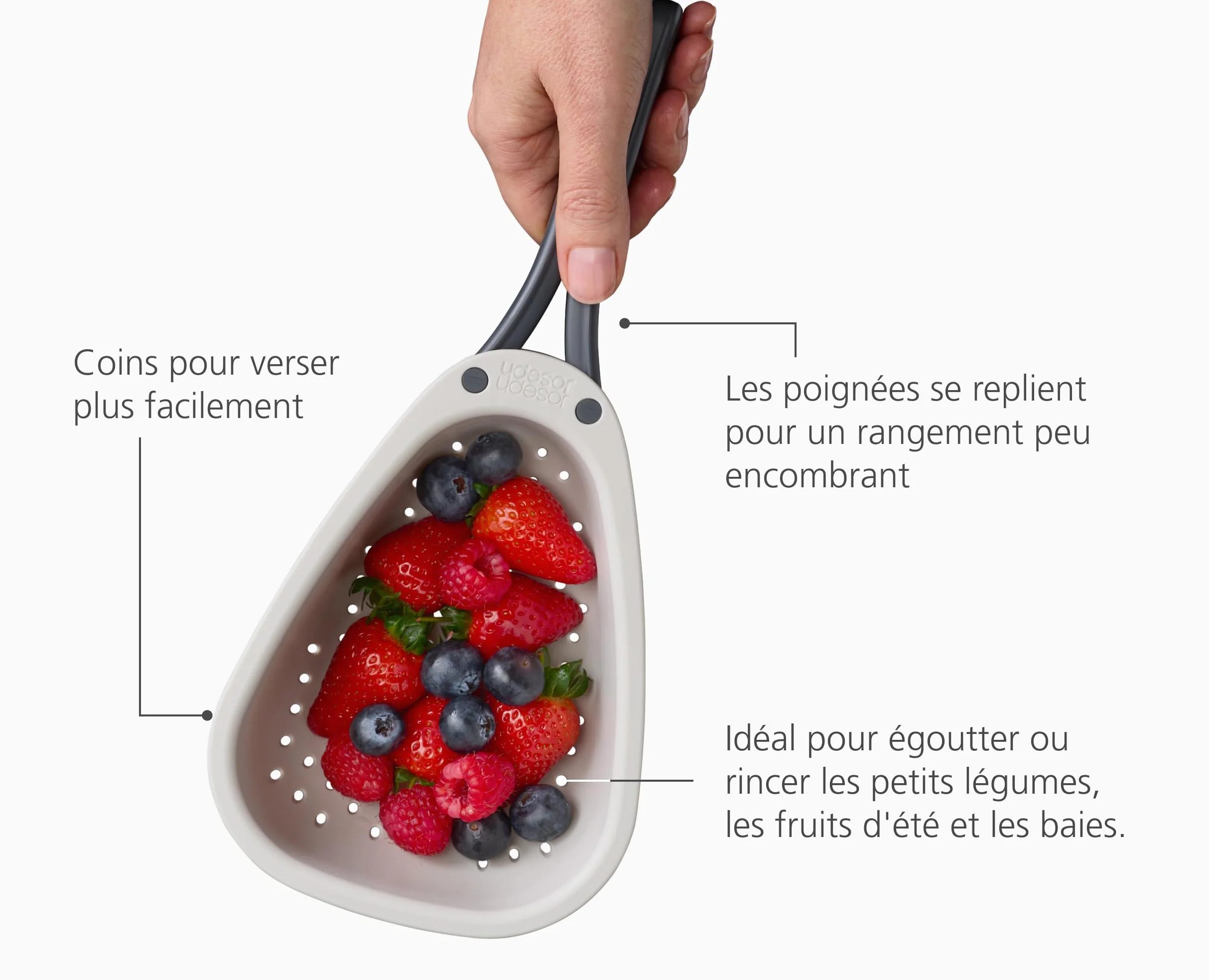 Joseph Joseph Droplet Mini Passoire Poignées Pliantes Filtre Petits Légumes Fruits Baies Gain Place