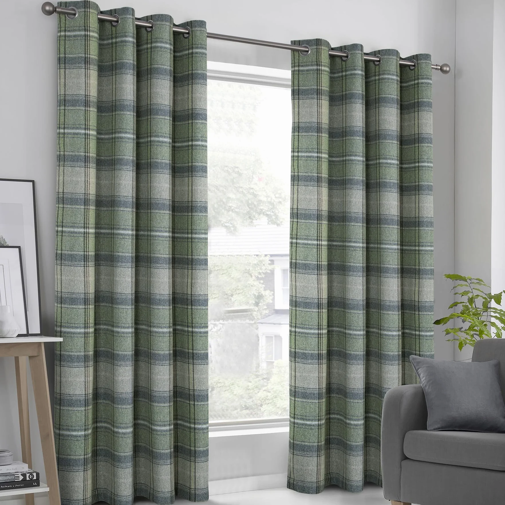 always4u Rideaux occultants œillets 117 x 183 cm Vert Tartan brossé Laine Highland