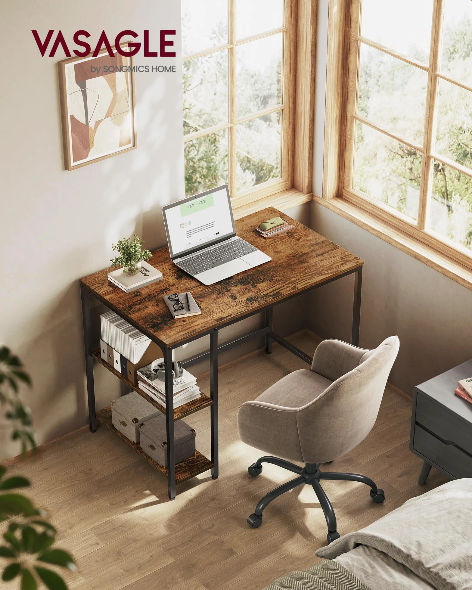 VASAGLE Bureau avec Rangement, Table d’Ordinateur avec 2 Étagères Réversibles, Cadre en Acier, Marron Rustique et Noir d'encre