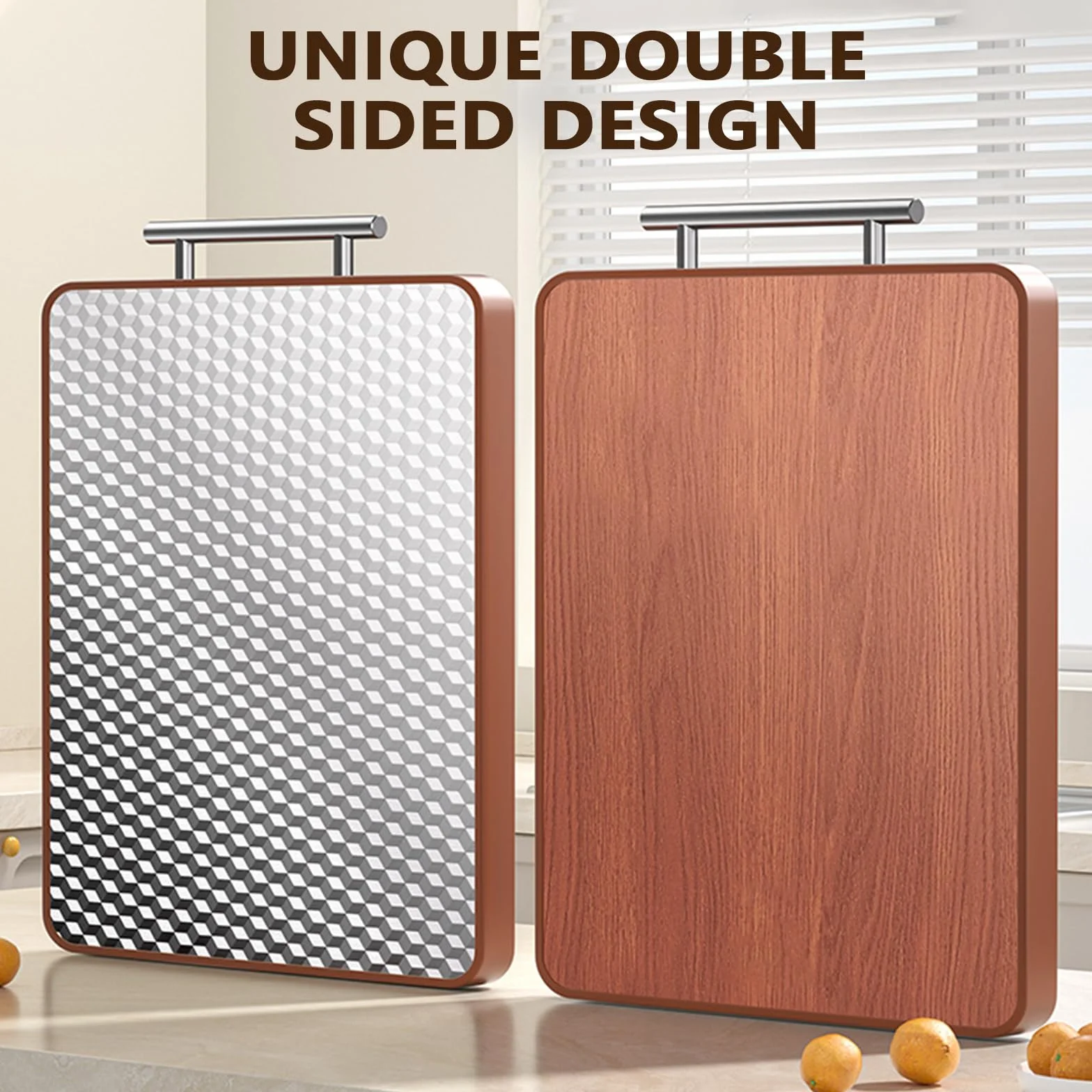 Planche à Découper Double Face Acier Inoxydable Palissandre 2 en 1 pour Viande Fruits Poisson Légumes