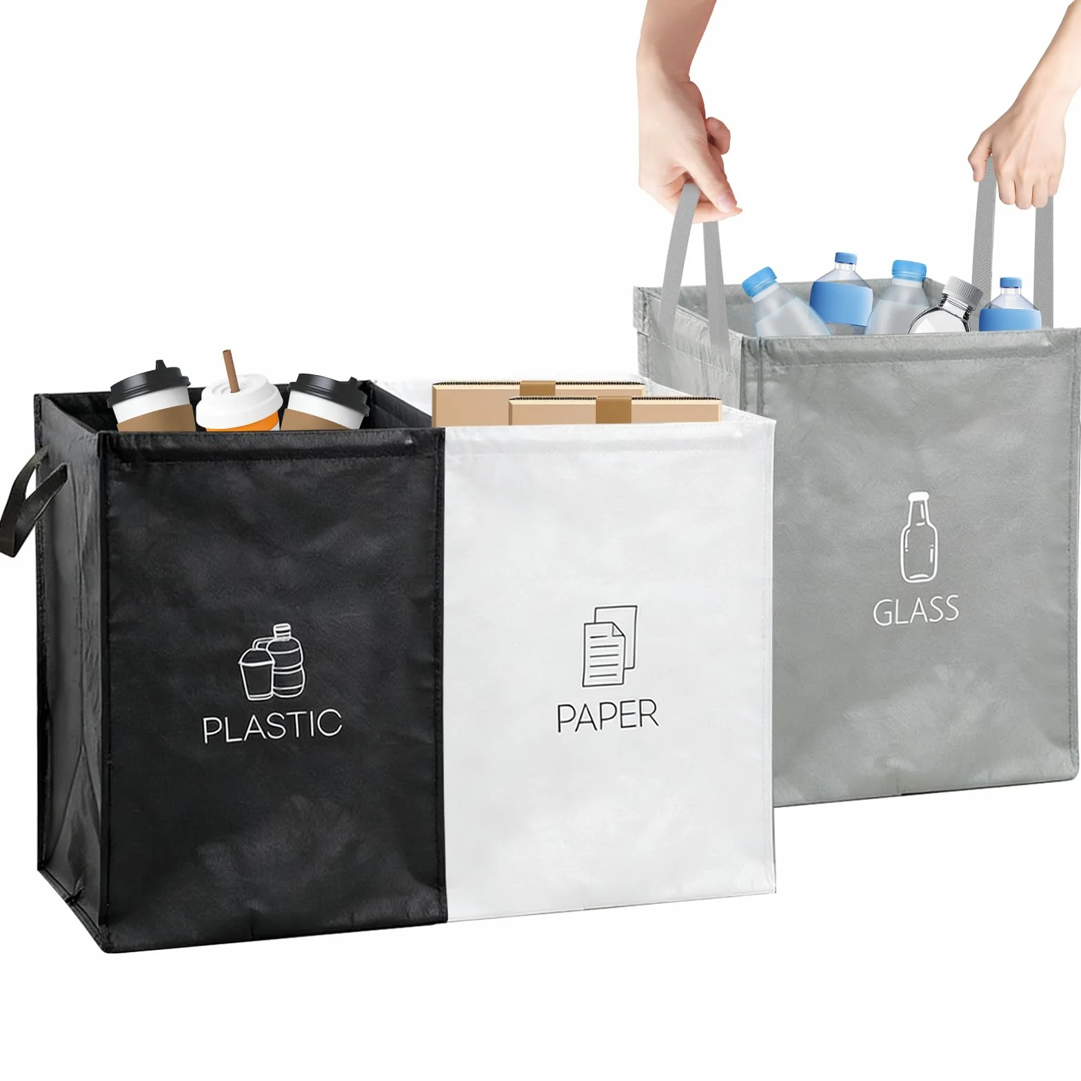 Lot de 3 Sacs Tri Selectif Poubelles Recyclage Organisateur pour Bouteilles Consignées Papiers Cuisine Exterieur