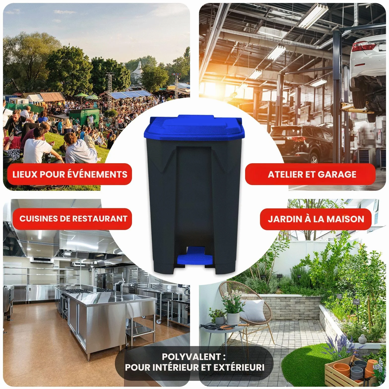 Poubelle 100L Olaf Floordirekt avec couvercle bleu et pédale système de tri sélectif