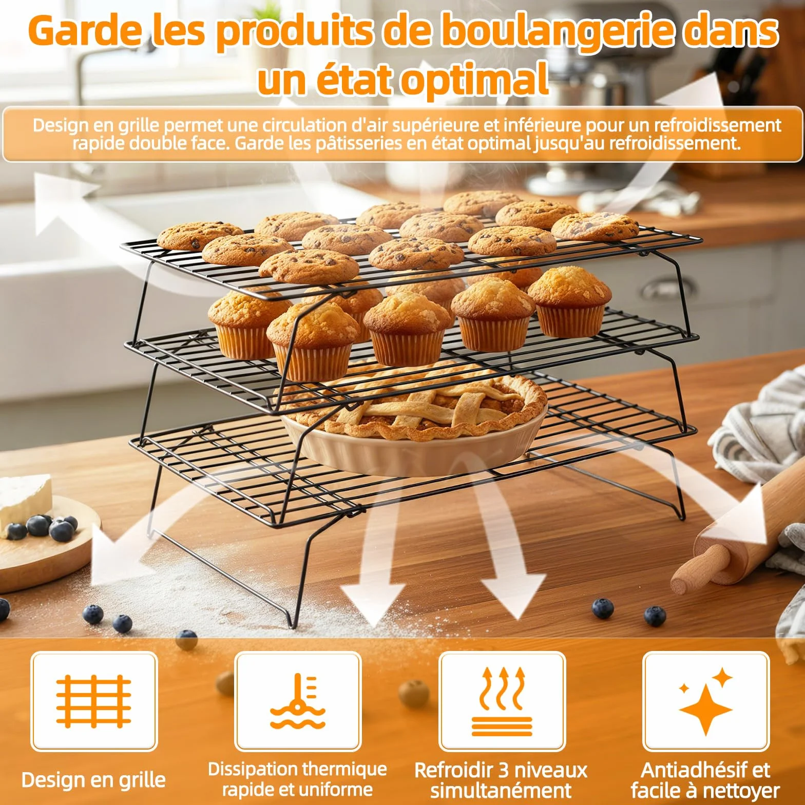 Grille de Refroidissement Pâtisserie Acier Carbone Antiadhésive 40x25 cm Pliable Empilable 3 Niveaux