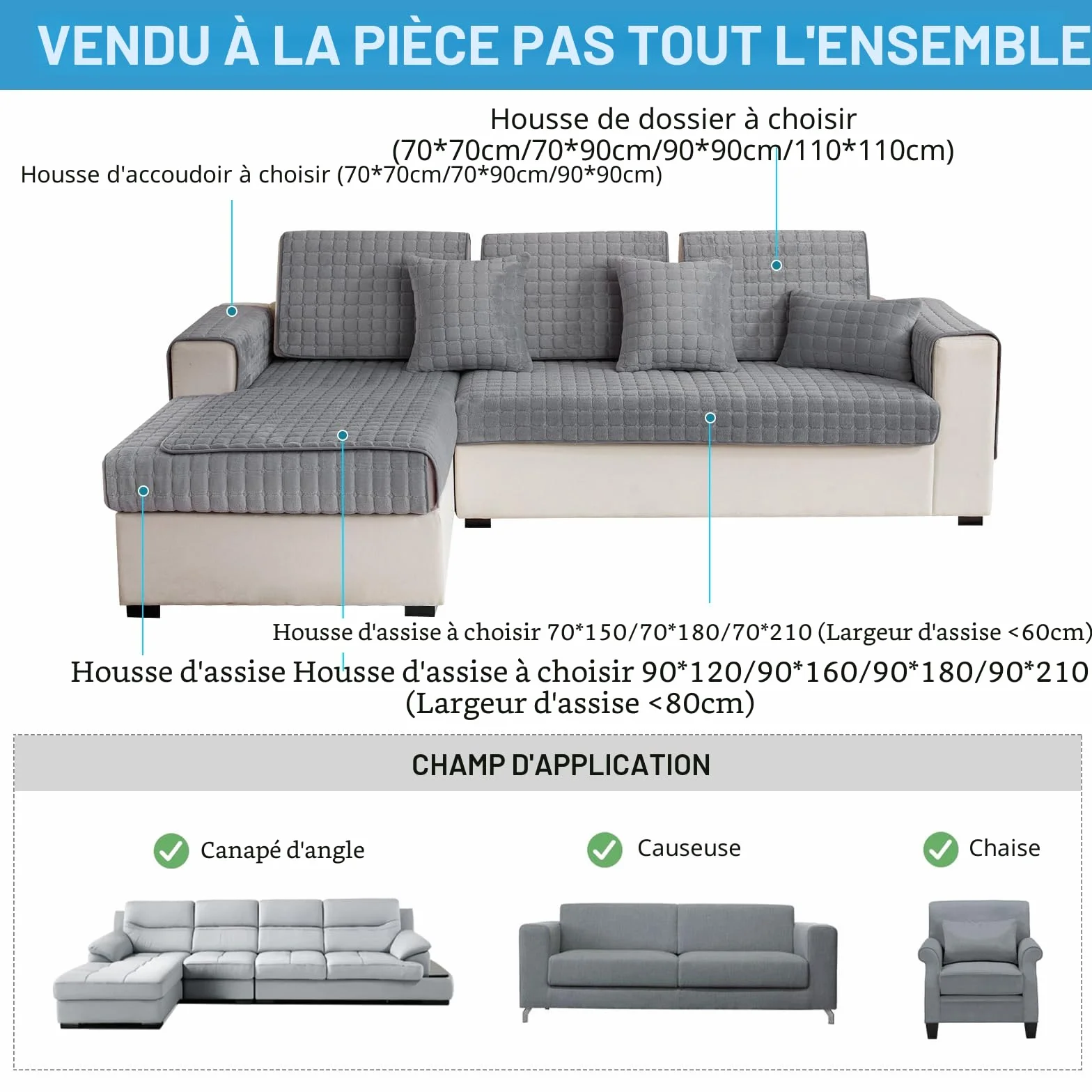 Housses de canapé en flanelle lavables antidérapantes 70x150cm Gris