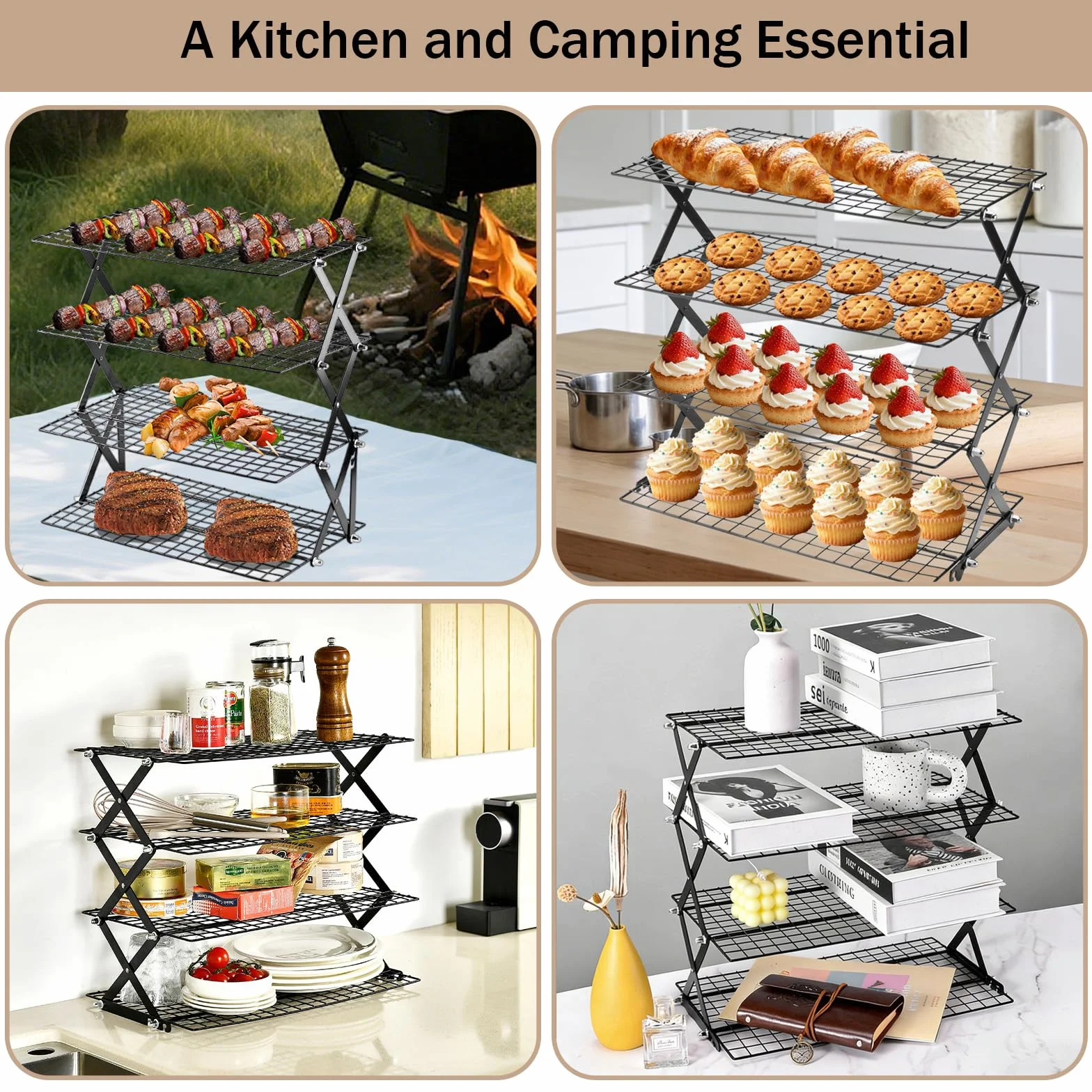 Grille de Refroidissement Pâtisserie 4 Niveaux Pliable, Hauteur Réglable, Four et Lave-Vaisselle Safe