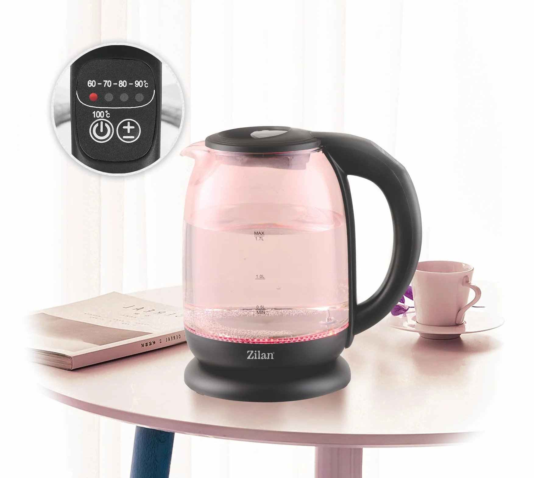 Bouilloire en verre numérique LED 1.7L 2200W 5 réglages température sans fil 360°