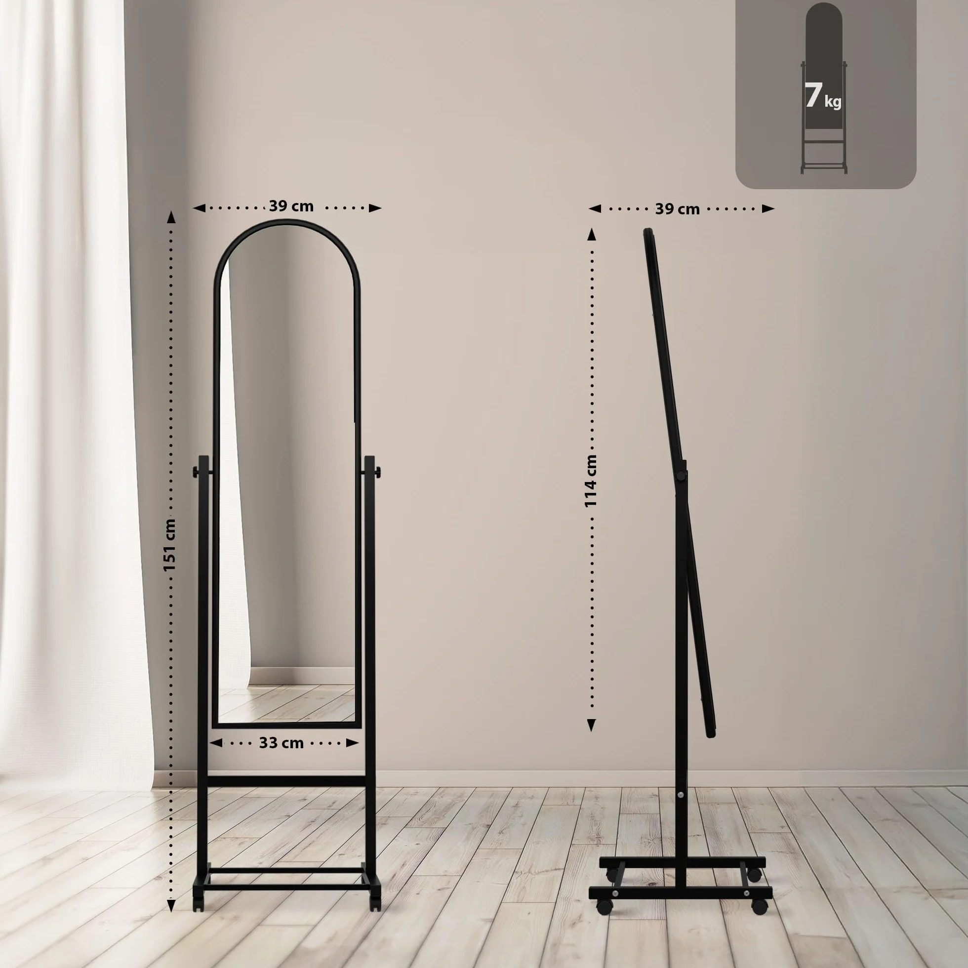 Miroir sur Pied Evoir avec roulettes, Corps Entier, Cadre métallique, Inclinable, Pivotant 360°, Noir