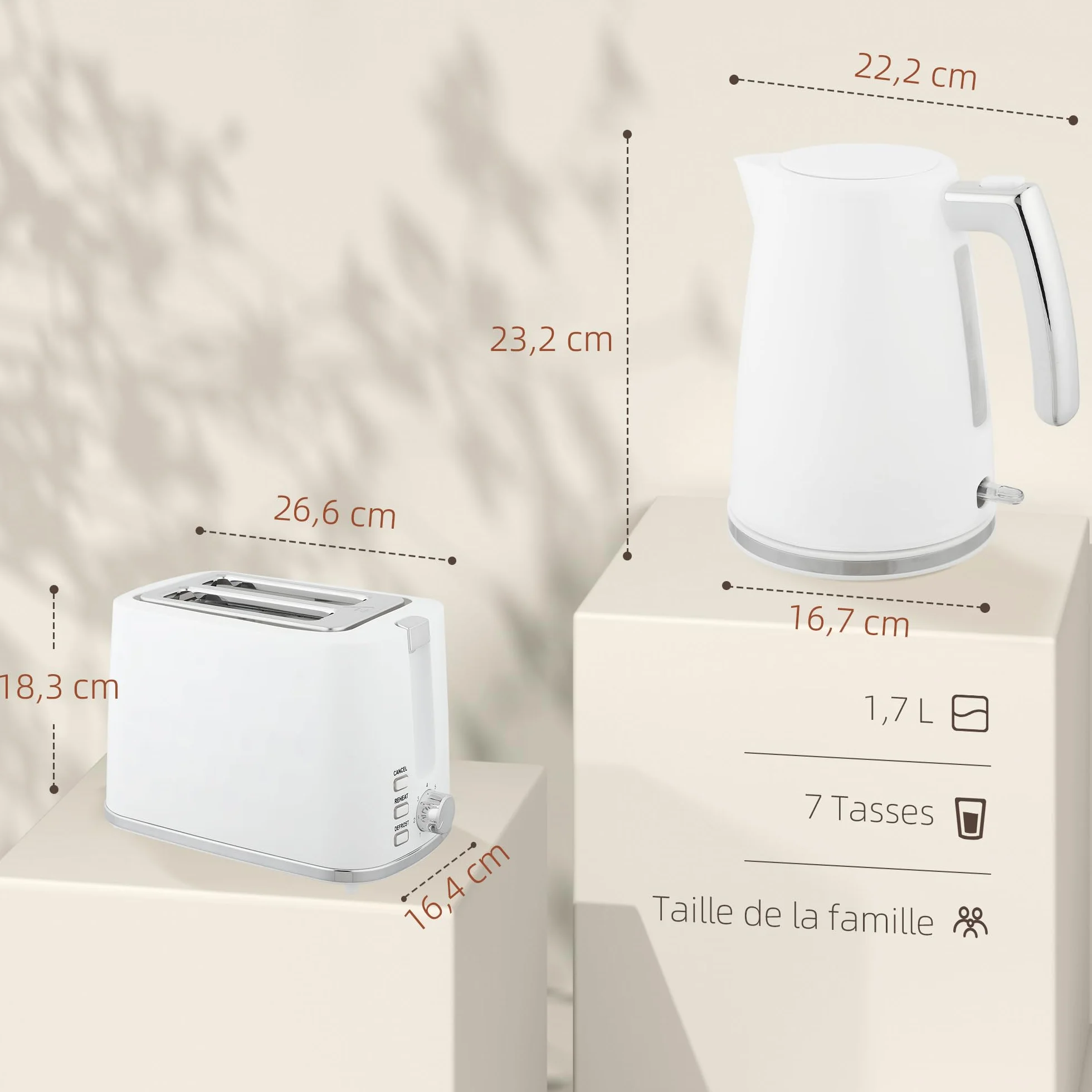 HOMCOM Bouilloire et Grille-Pain Acier 2200W 1,7L Thermostat Otter Filtre Anti-Calcaire 2 Fentes 7 Réglages Brunissage Blanc