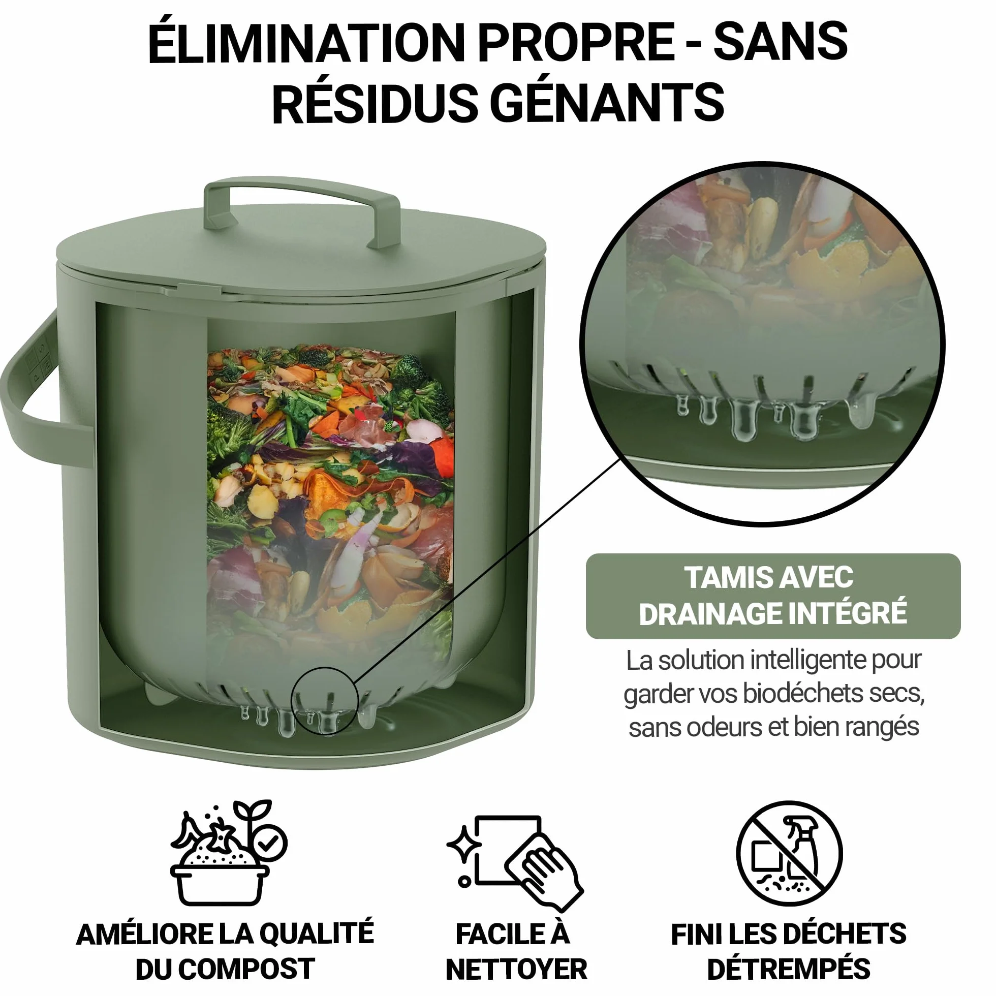 Poubelle Compost Cuisine 6L avec Couvercle et Grille - Lavable Lave-Vaisselle Anti-Odeur