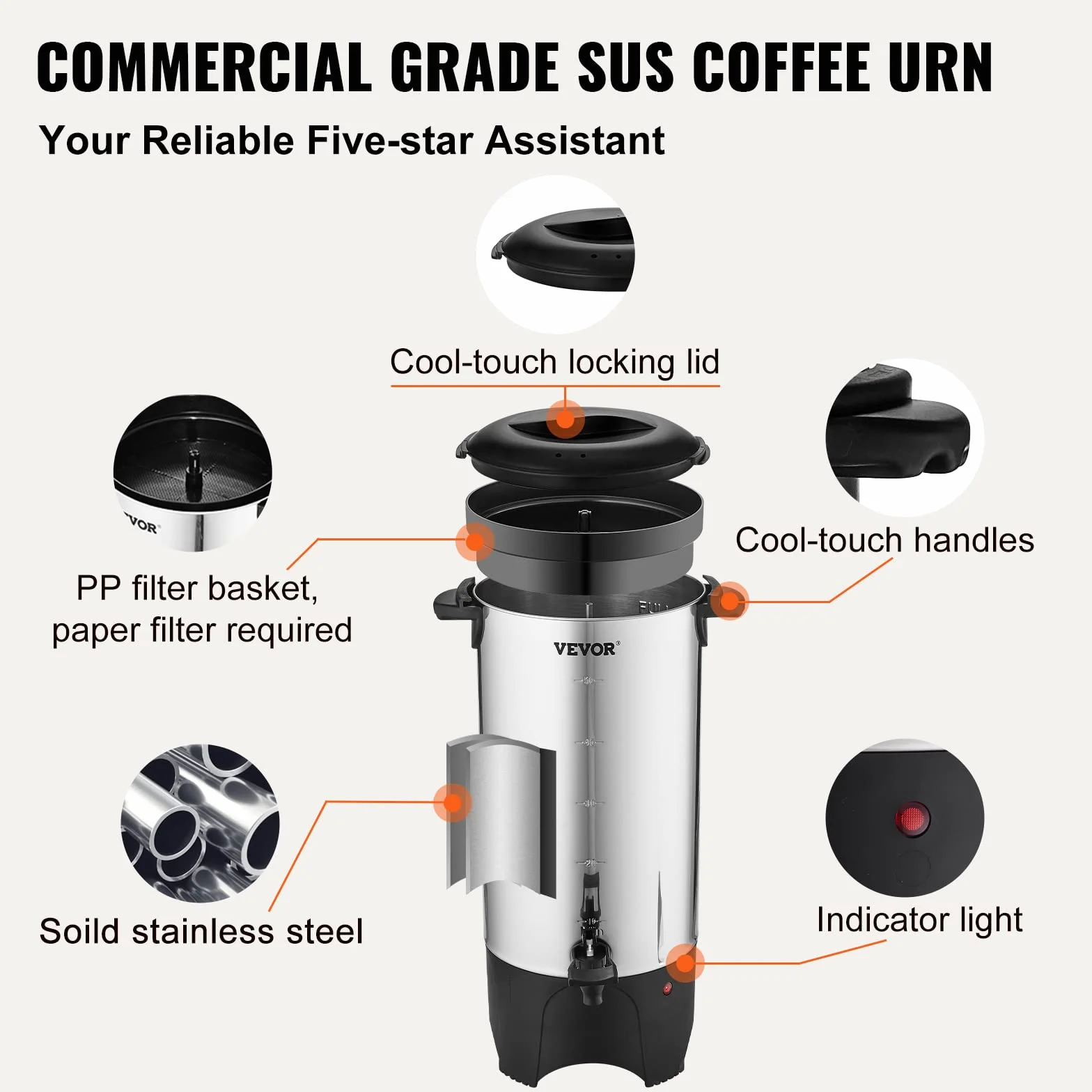 VEVOR Percolateur à Café 7,4 L 50 Tasses Acier Inoxydable Filtre Permanent Chauffe Eau