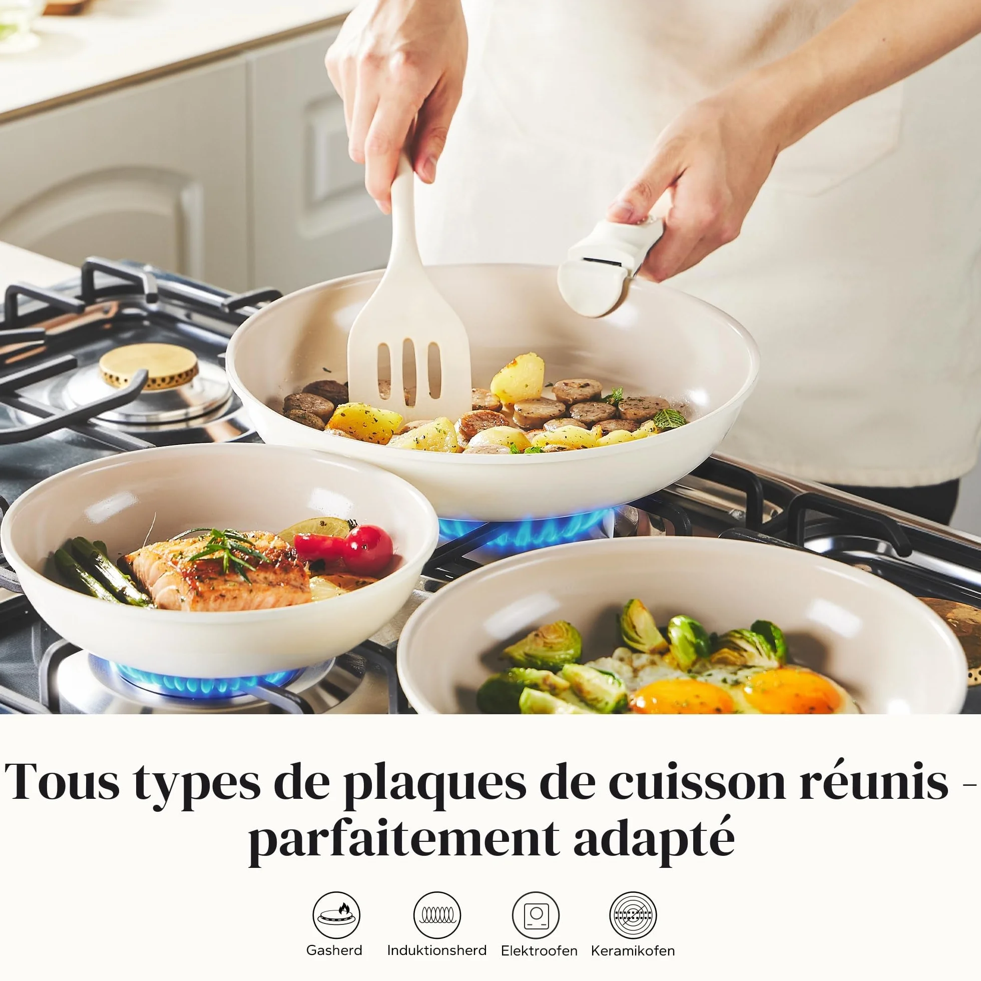 Redchef Lot de poêles céramique antiadhésives 20/24/28 cm induction compatible sans PTFE ni PFOA poignée amovible Beige
