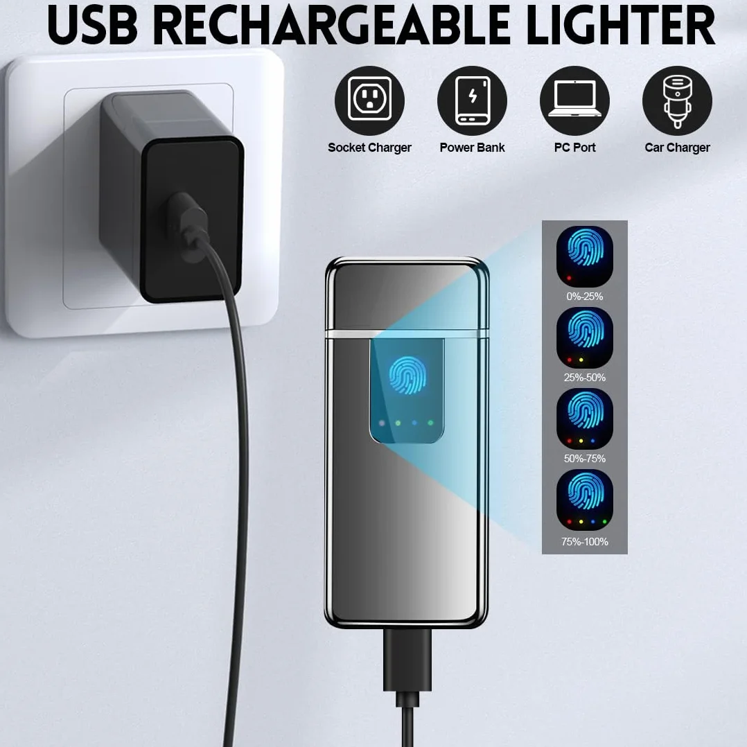 LOMUG Briquet Electrique Rechargeable USB Double Arc Coupe-Vent Indicateur de Puissance Contrôle Tactile pour Bougie Barbecue Camping Cadeau Homme