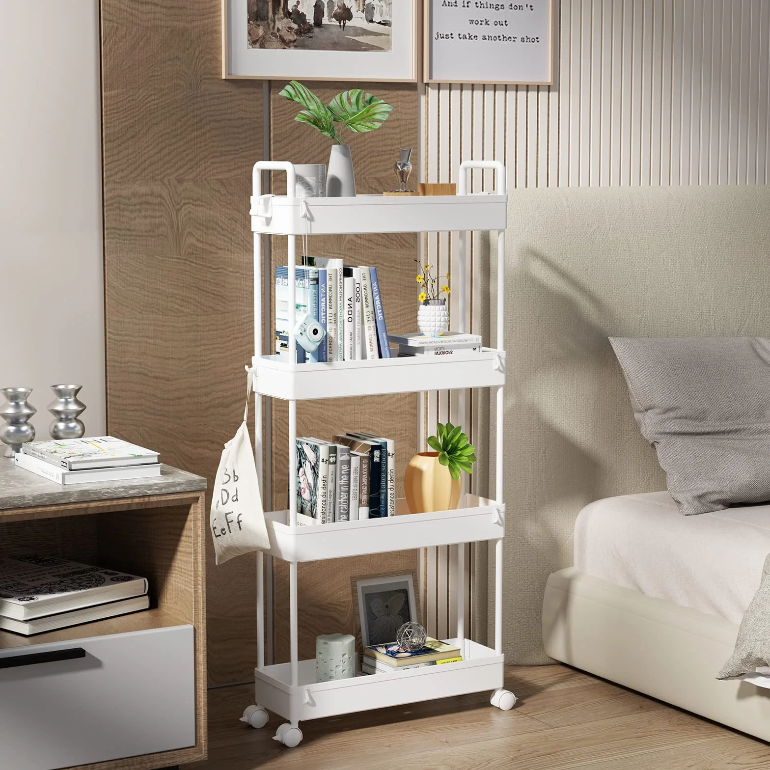 SOLEJAZZ Chariot de Rangement 4 étagères Coulissant Mobile Plastique Blanc