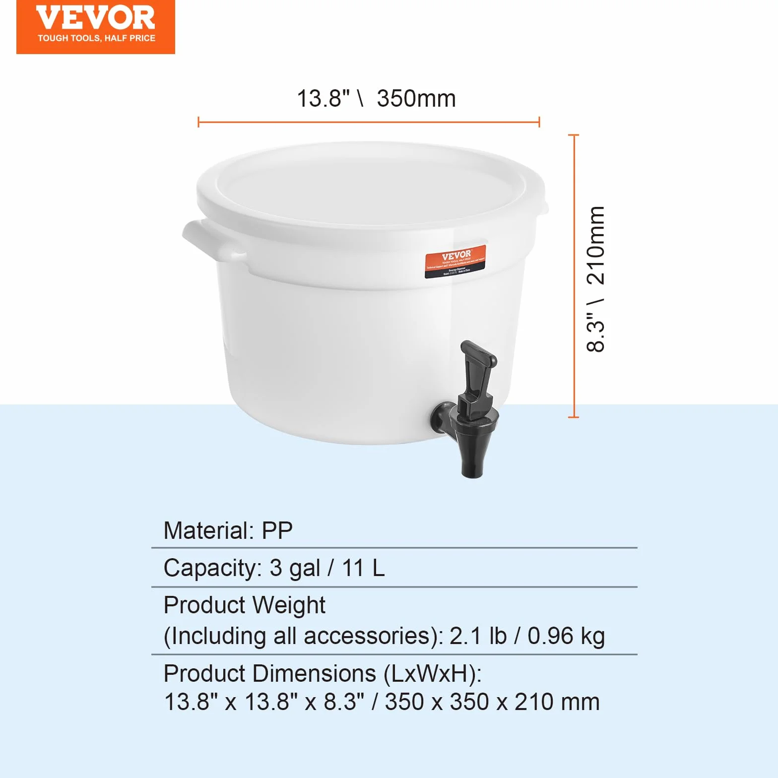 VEVOR Distributeur de Boissons 11 L, Fontaine à Eau avec Robinet, Plastique, pour Jus Limonade Thé Glacé