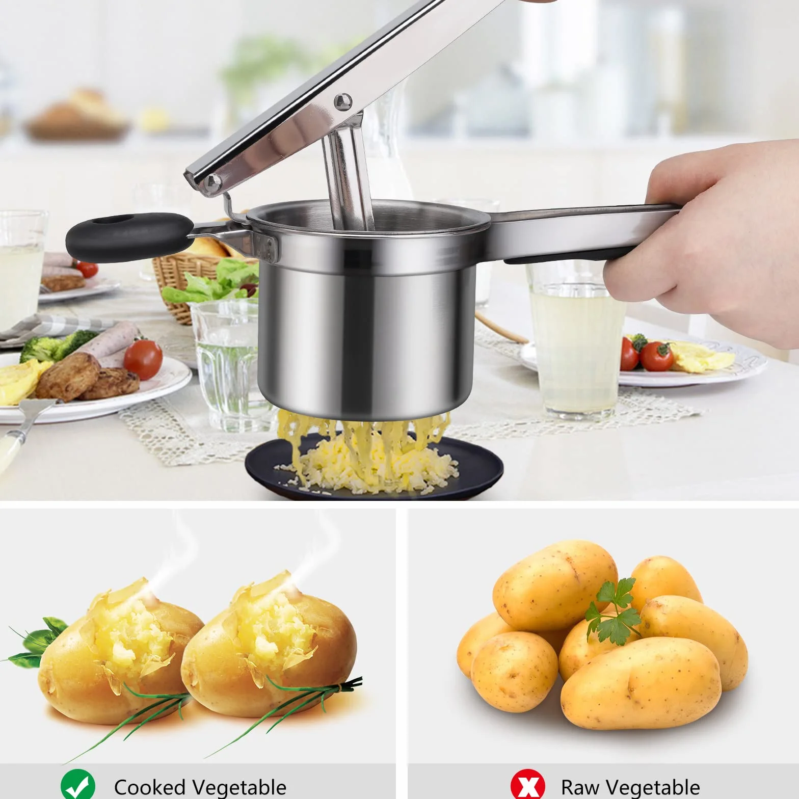 Presse Purée Manuelle Acier Inoxydable avec 3 Disques Interchangeables pour Purée de Pommes de Terre et Jus de Citron