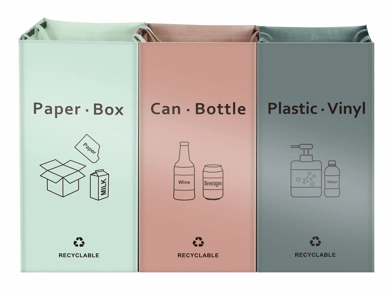 BOMEI PACK Lot de 3 Bacs de Déchets Trieur à Déchets pour Recyclage Rose Gris Vert Poubelle Extérieur Intérieur Papier Verre Plastique