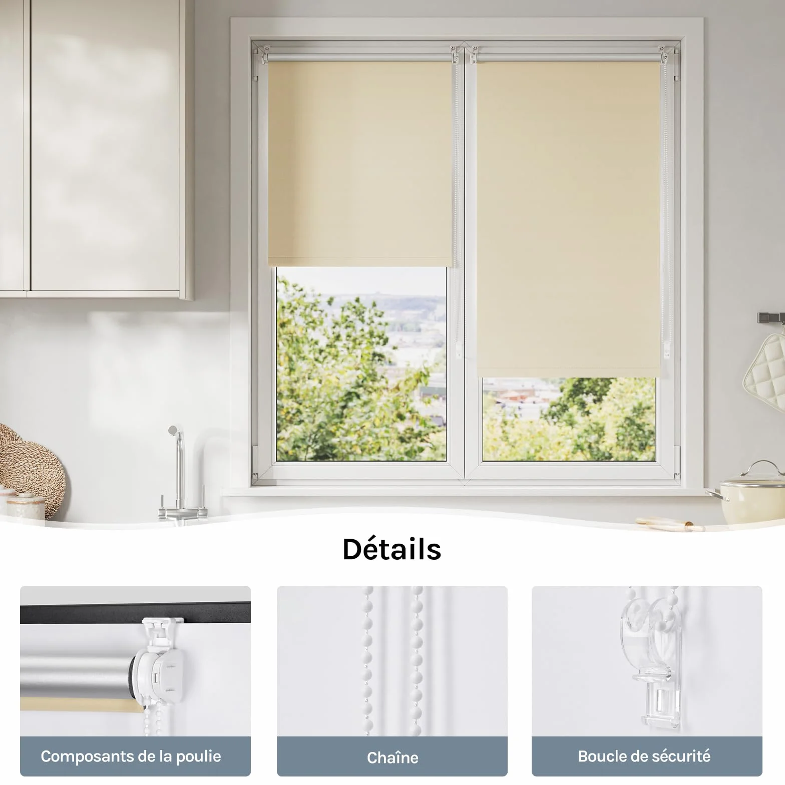 WOLTU Occultant Enrouleur sans Perçage, Rideau Opaque Revêtement Argent, Protection Soleil 70x210 cm Beige