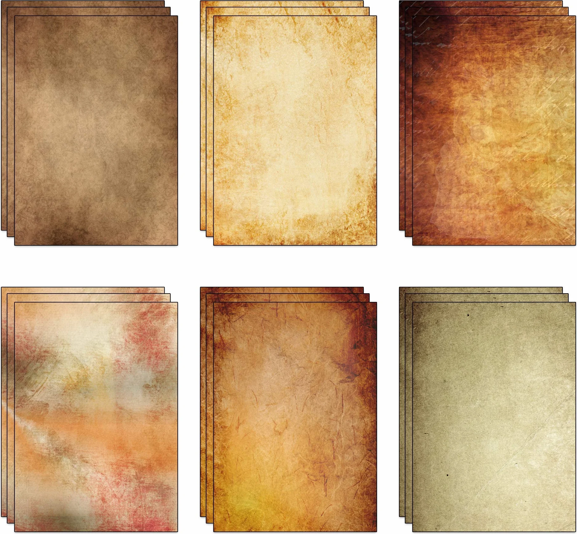 Papier parchemin vintage A4 170 g/m² lot de 60 feuilles recyclé 6 motifs