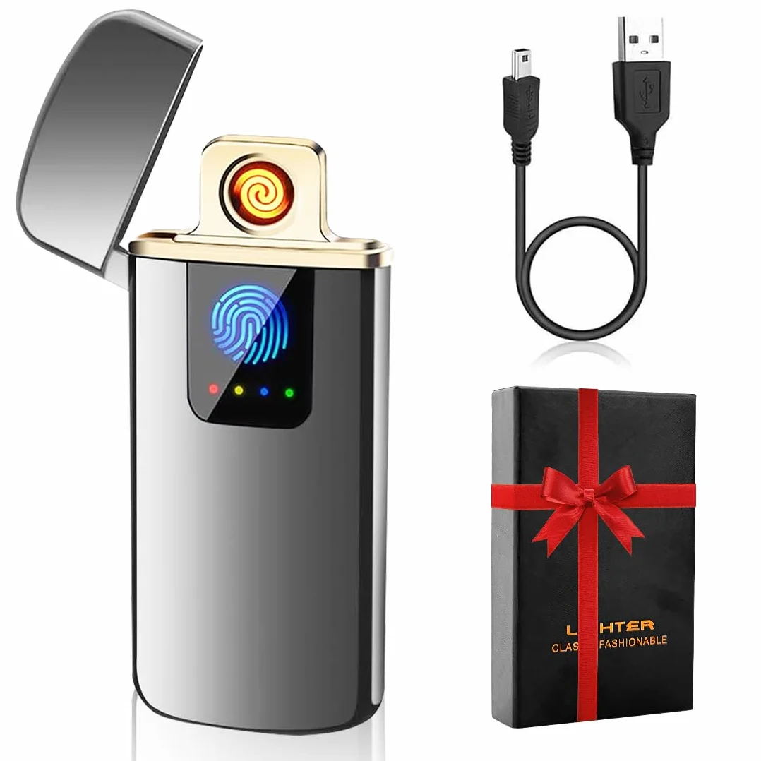 LOMUG Briquet Electrique Rechargeable USB Double Arc Coupe-Vent Indicateur de Puissance Contrôle Tactile pour Bougie Barbecue Camping Cadeau Homme
