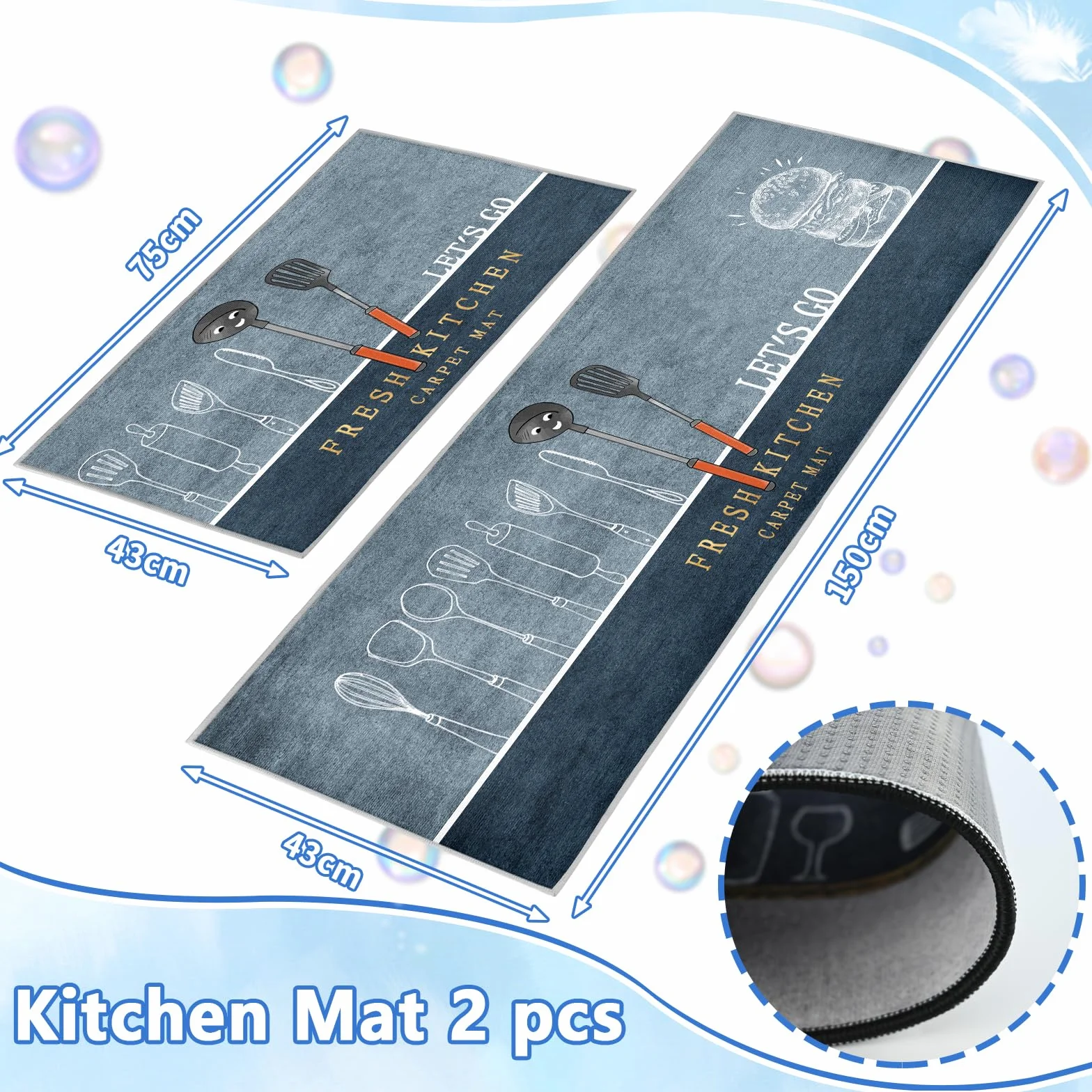 Tapis de Cuisine antidérapants Lot de 2, Absorbe l'eau et l'huile, Résistant à la poussière, Intérieur, Hamburger, 43 x 75 + 43 x 150 cm