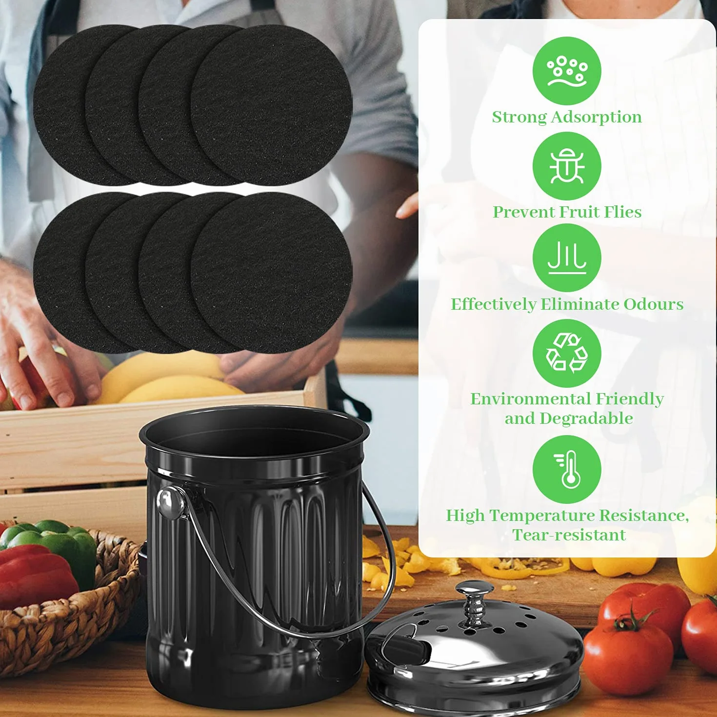 Filtres à Charbon Actif Anti-Odeur pour Poubelles à Compost Ronds Taille Universelle Compatibles jusqu'à 17 cm Lot de 8