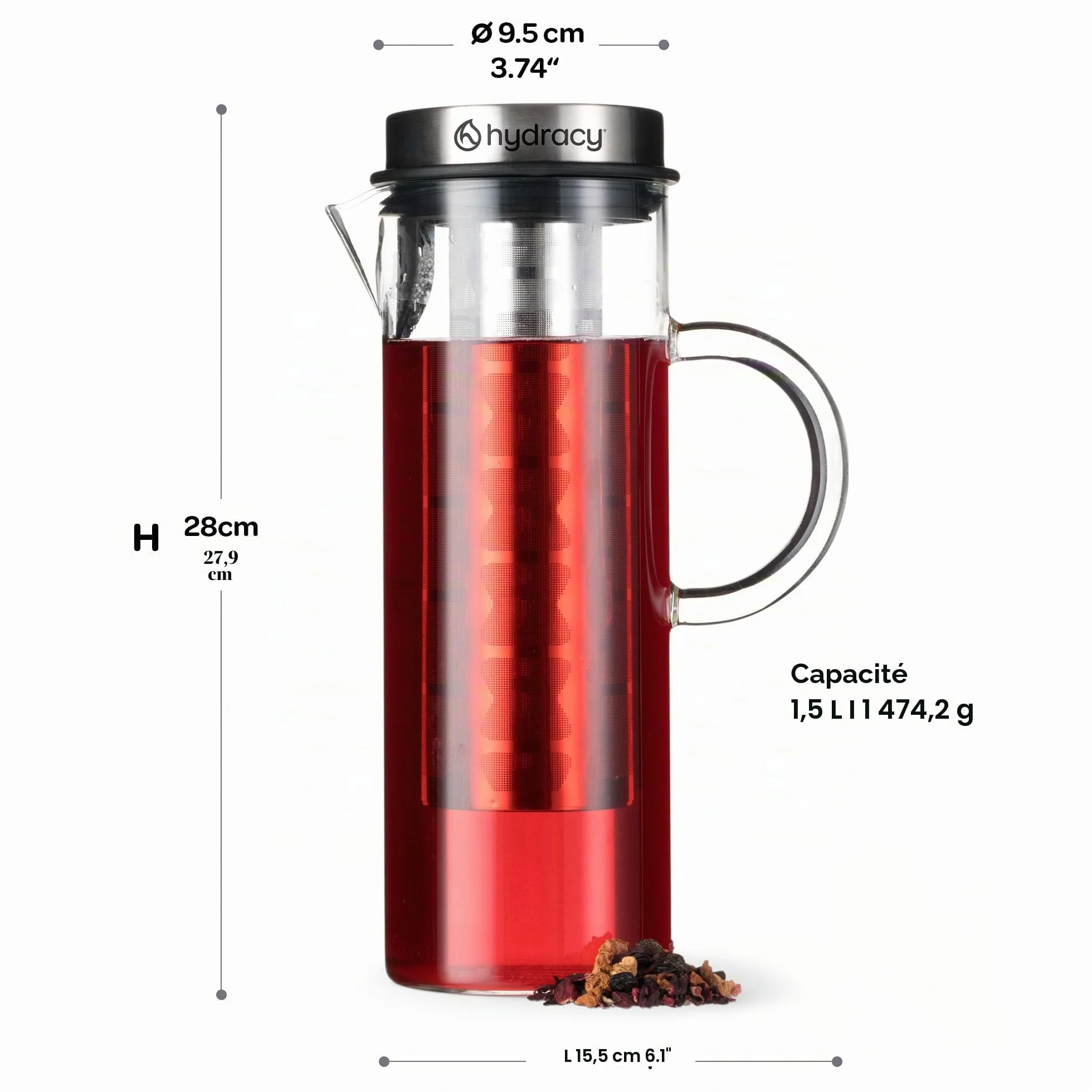 Cafetière Hydracy 1,5L Verre Borosilicate Acier Inox pour Café Thé Glacé Infusion Fruits