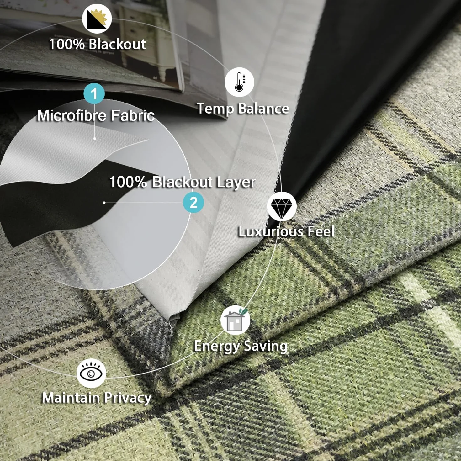always4u Rideaux occultants œillets 117 x 183 cm Vert Tartan brossé Laine Highland