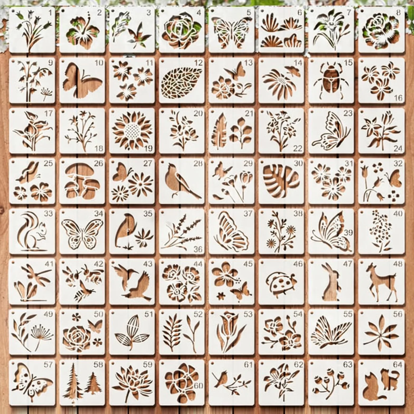 Lot de 64 pochoirs réutilisables 7,6 x 7,6 cm pour peinture plastique bricolage motifs fleurs feuilles