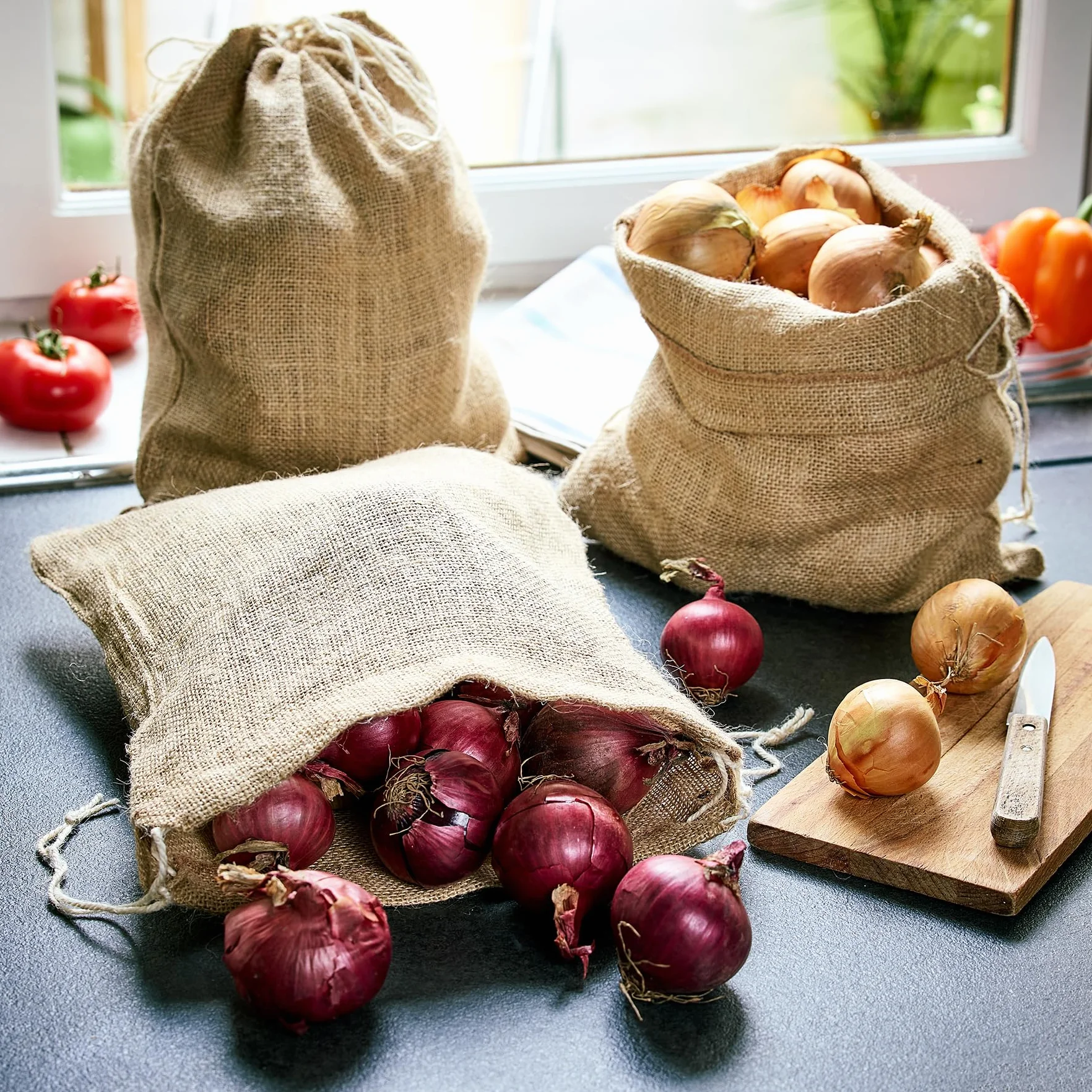 La Cordeline 3 Sacs Toile Jute Naturel Stockage Légumes Pomme de Terre Oignons Cordon Serrage 3 Tailles S M L