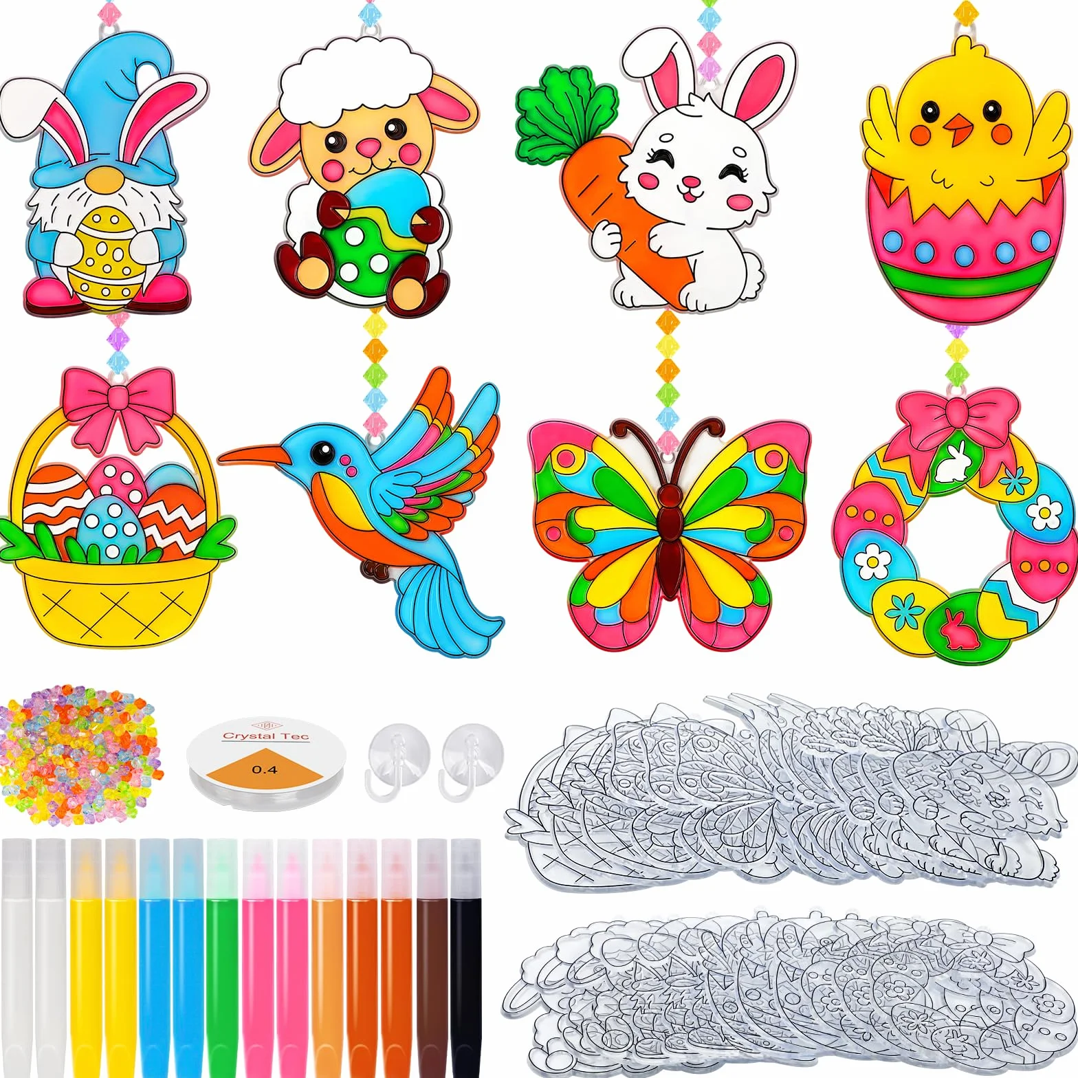 Kit de 24 Décorations Pâques à Suspendre, œufs Lapin Poulet Papillon Oiseaux à Peindre, Attrape-soleil Pendentif Fenêtre