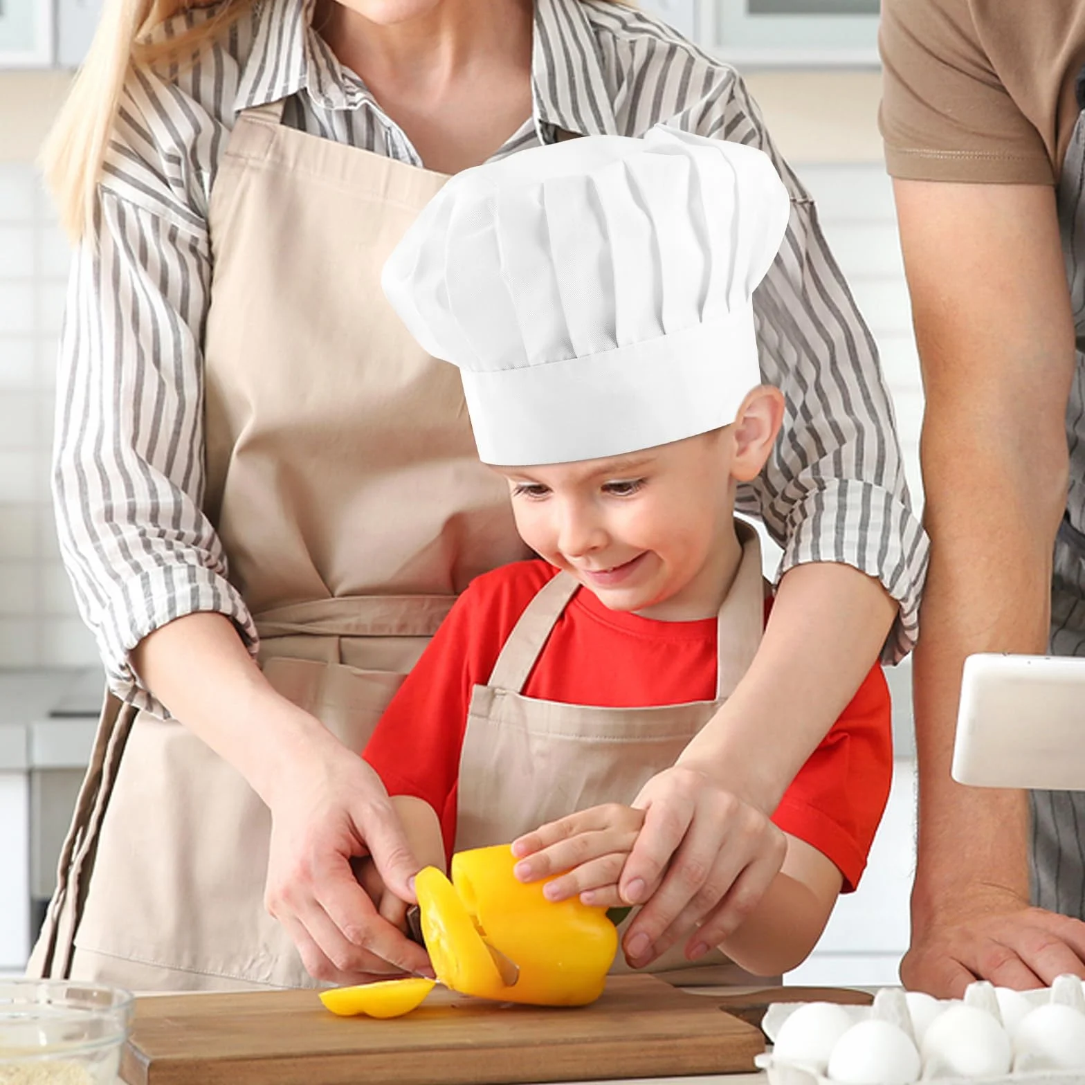 Toques de cuisinier pour enfants, lot de 3, blanches, coton élastique, réglables
