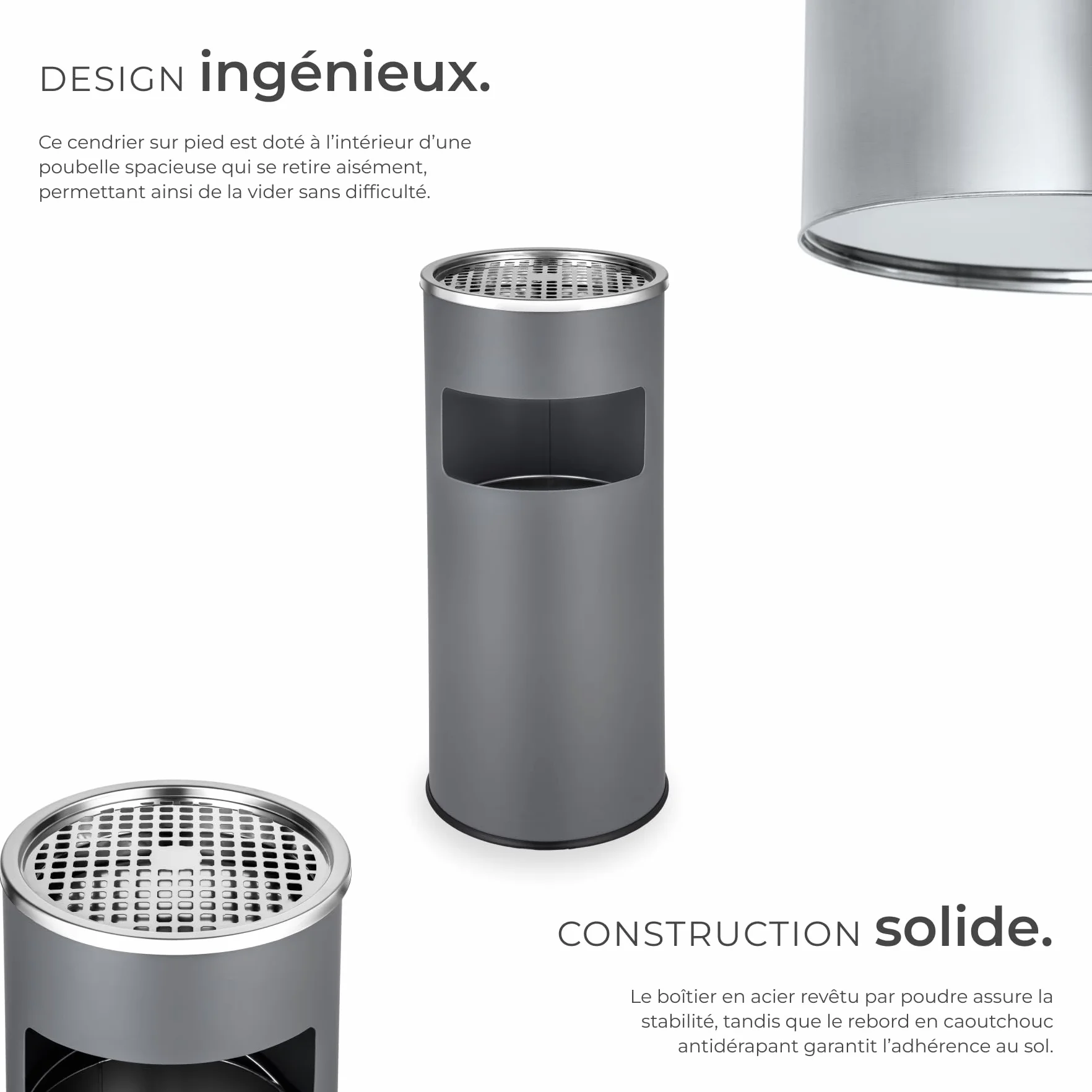 Cendrier sur pied 25 x 61 cm avec poubelle 30L intégrée, Gris anthracite