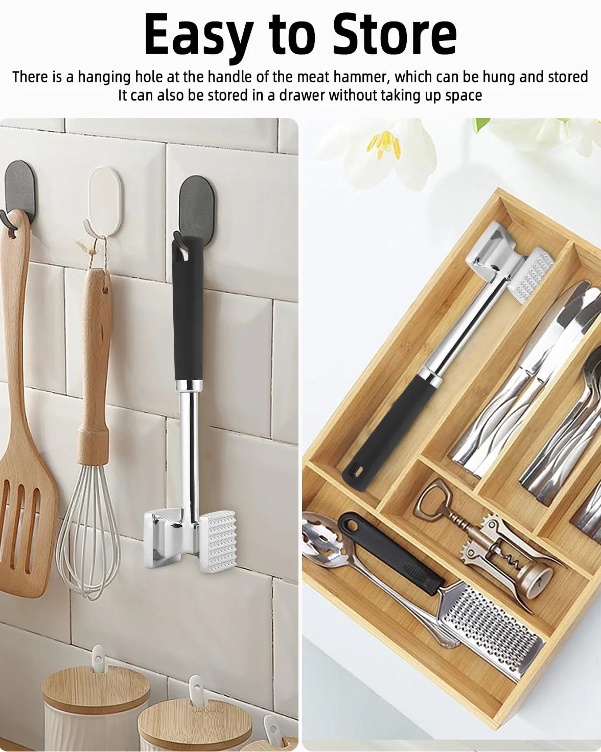 Attendrisseur de Viande en INOX 27 cm Marteau à Steak Double Face avec Manche Antidérapant