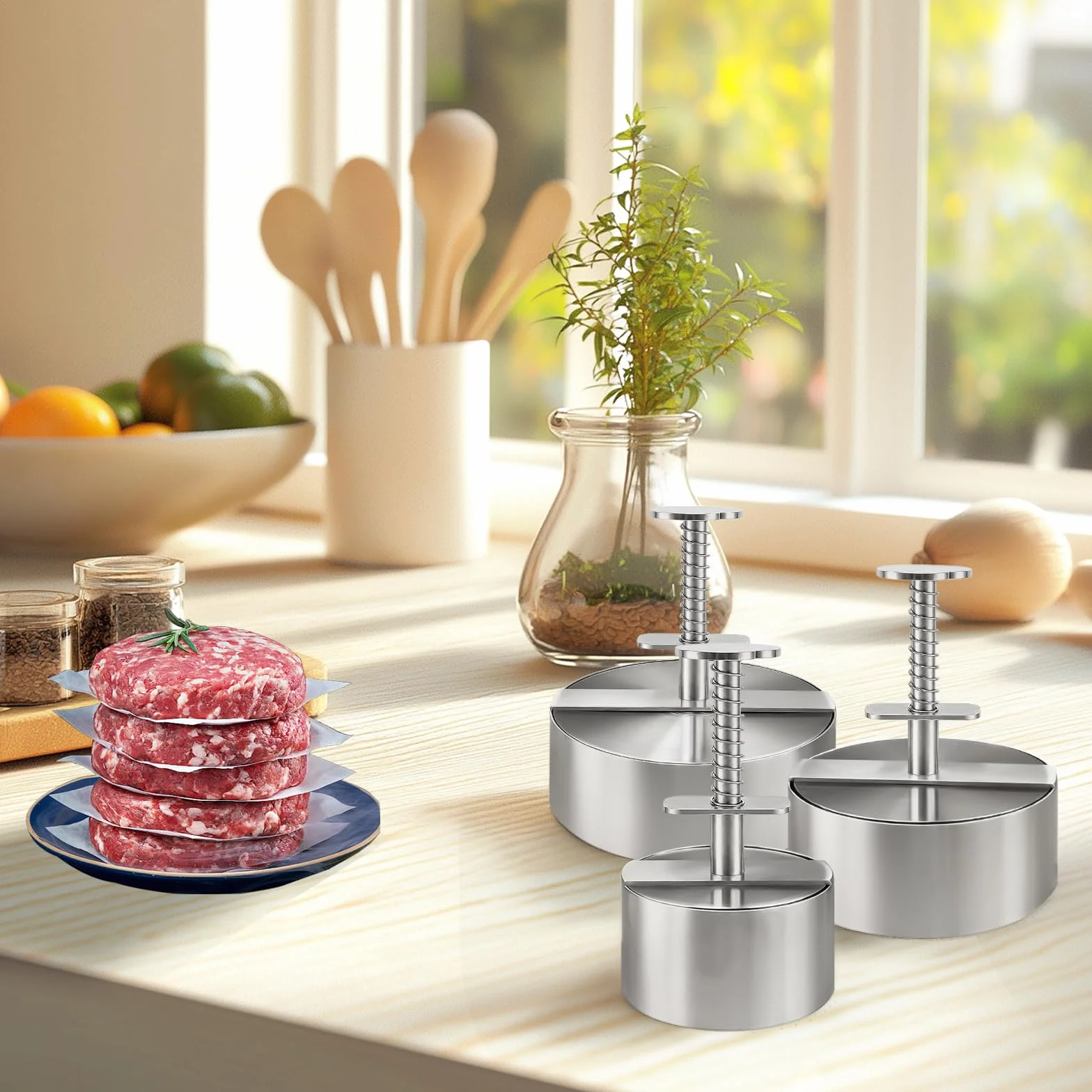 Presse à Burger Acier Inoxydable 304, Moule Steak Haché 8/11,5/14 cm, Antiadhésif pour Barbecue