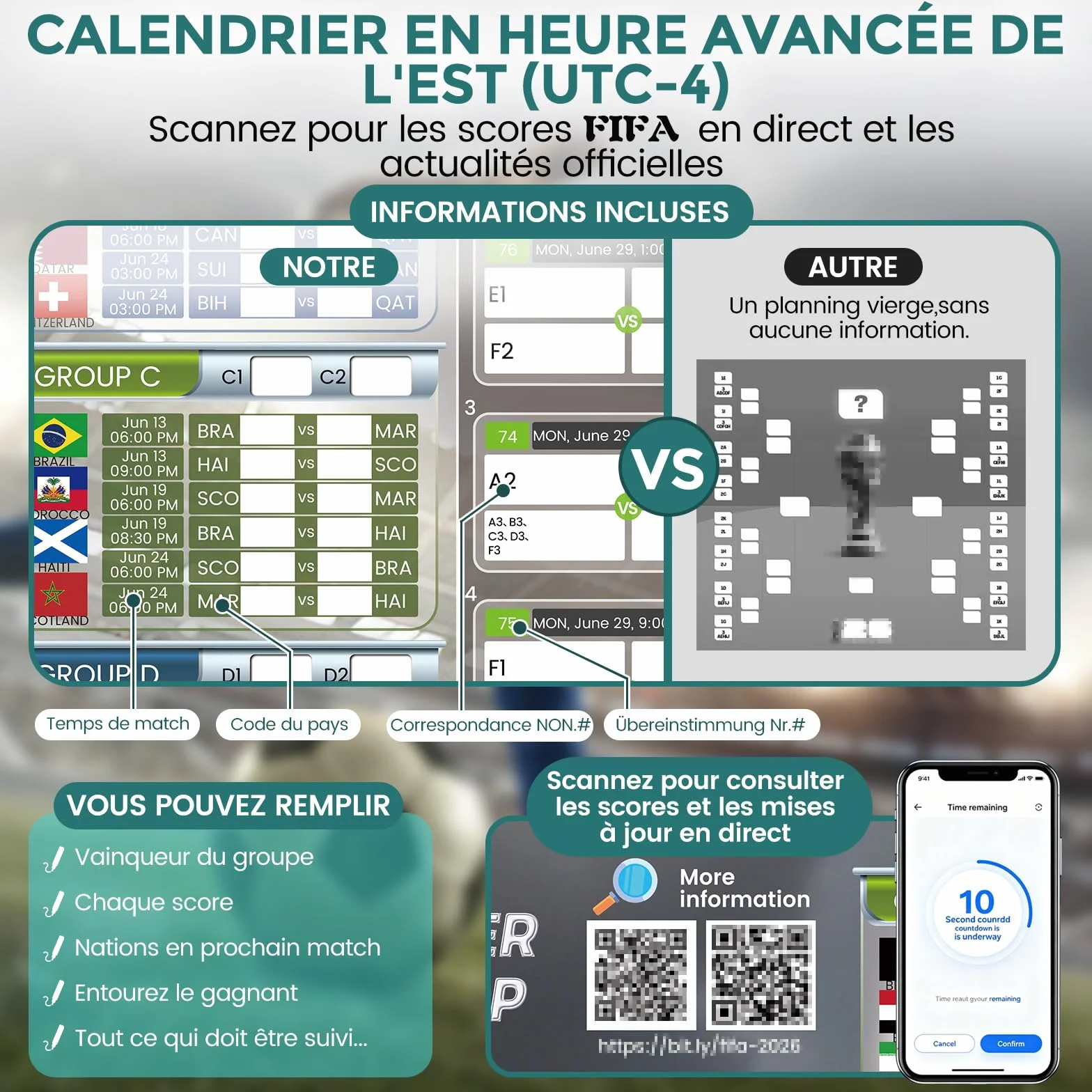 Calendrier Coupe du Monde 2026 QR code scores en direct 84.1x59.4 cm grand format police large Cadeau Fête des Pères