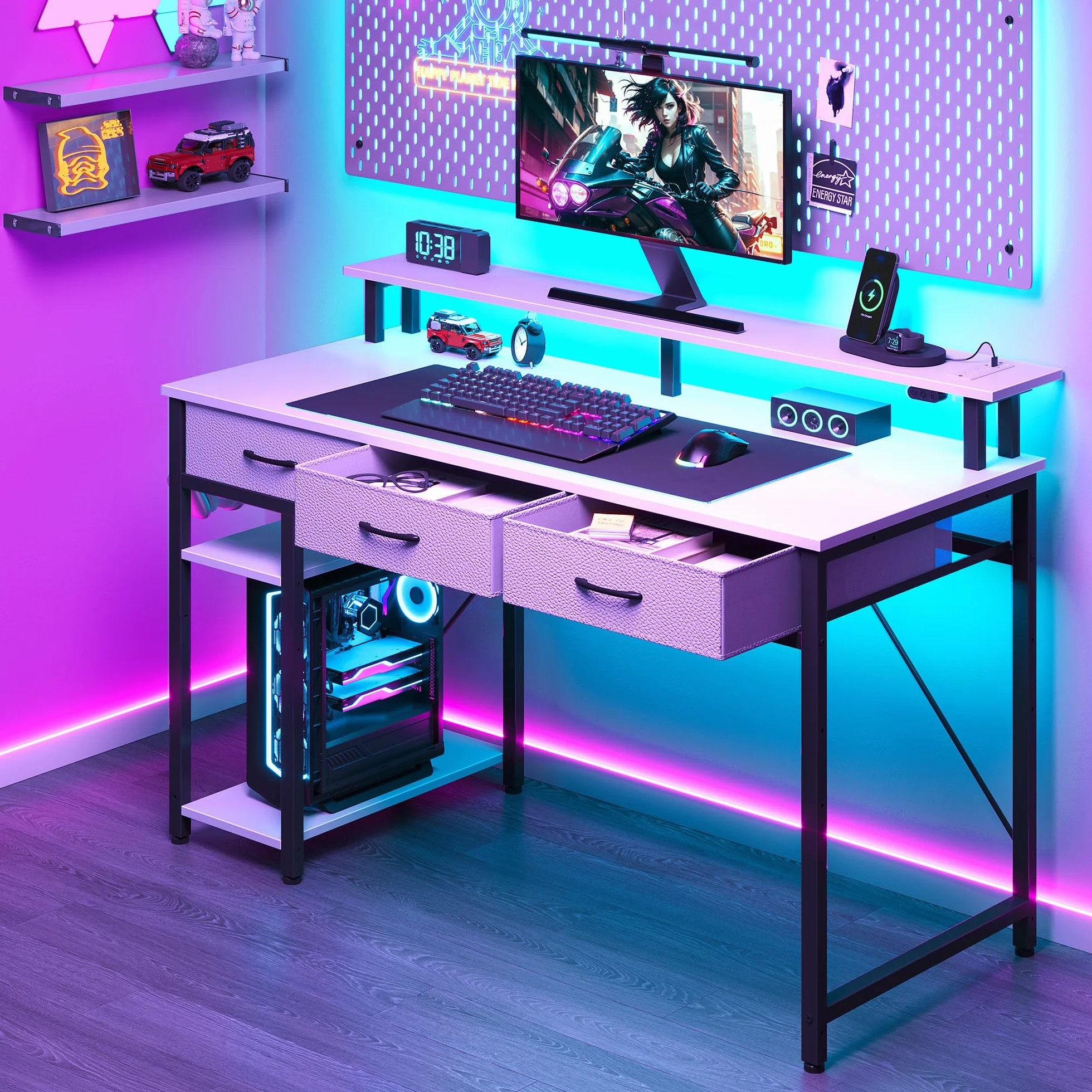Rolanstar Bureau avec Rangement 100 cm - Table Ado 3 Tiroirs LED RGB Prises de Courant, Blanc
